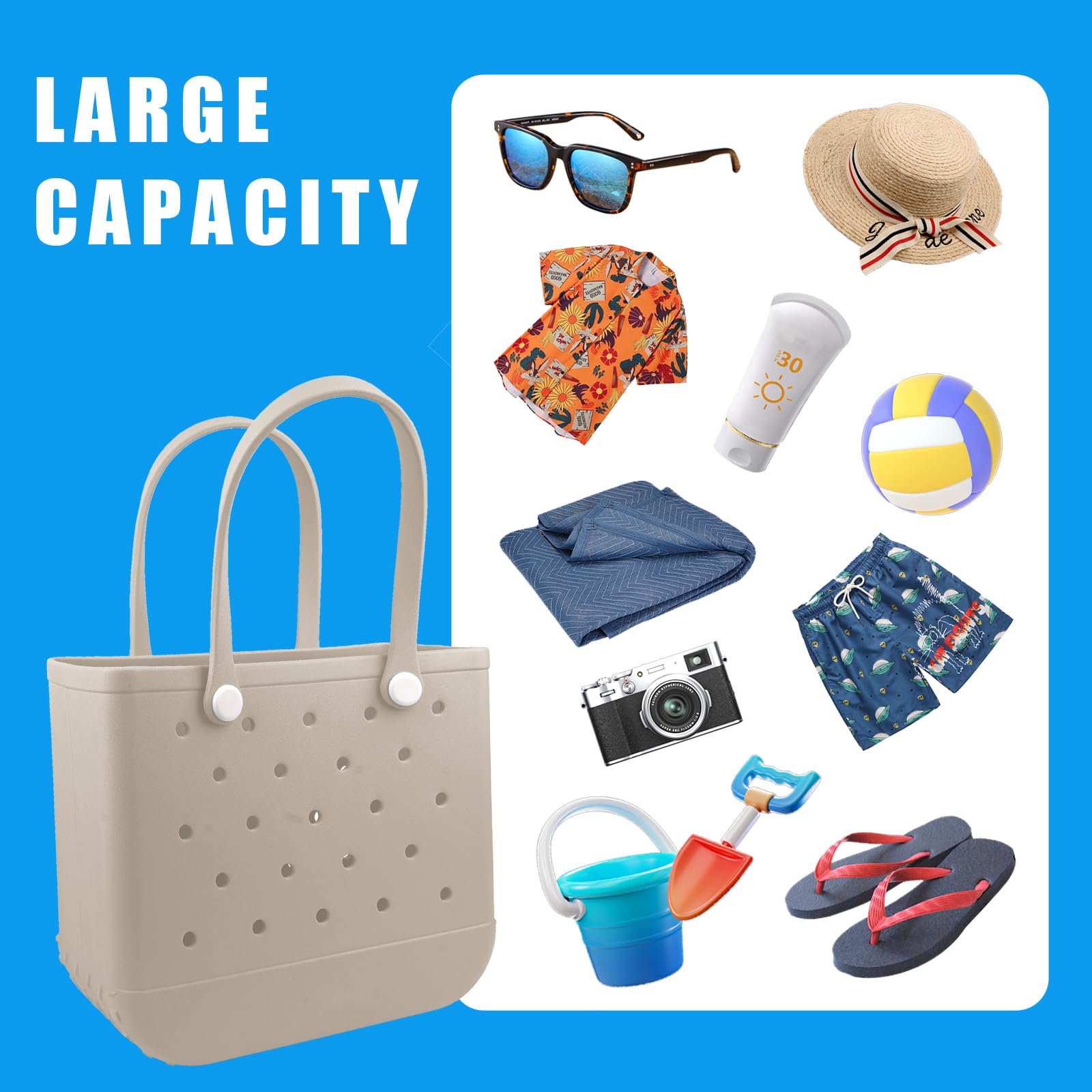 Waterproof Rubber Beach Tote Bag with Zipper Pocket & Phone Pouch - Durable Washable Open Purse for Women - Perfect for Pool, Boat, Beach Vacation & Summer Travel Accessories