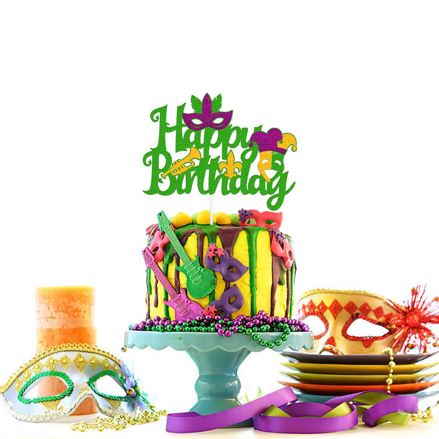 **Mardi Gras Birthday Cake Topper - Glitter Green Carnival Masquerade Costume Decorations for Fat Tuesday Theme Parties | Perfect for Women, Men, Kids, Boys, Girls, First Birthdays & Baby Showers | Great for Themed Celebrations & Festive Gatherings**