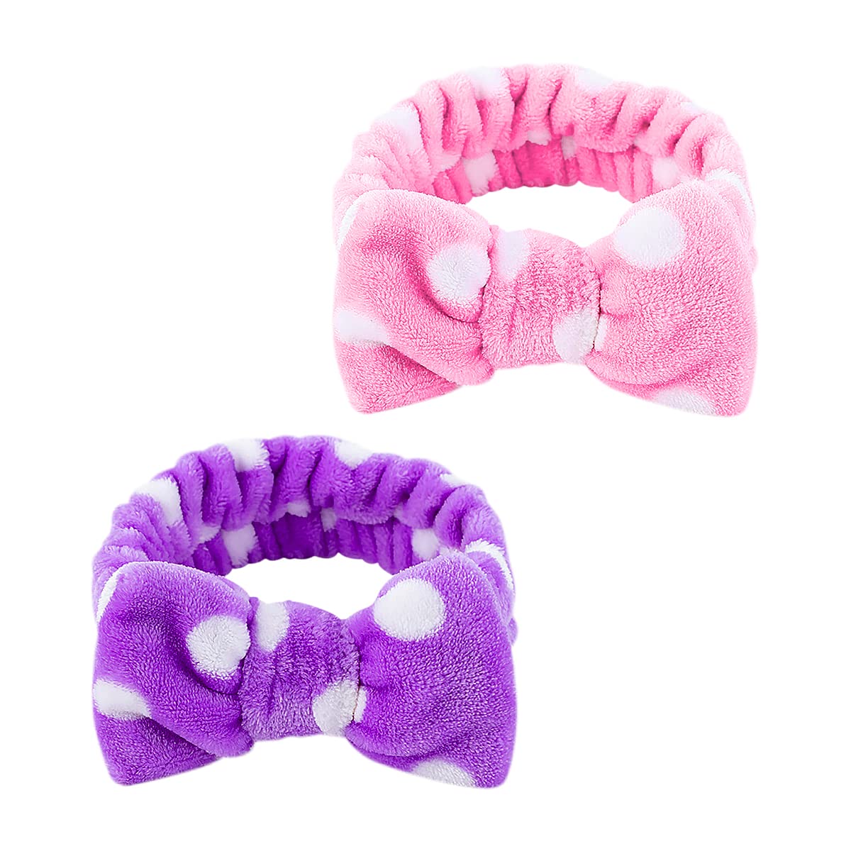 Jagowa 2 Pack Spa Headbands for Women - Soft Bowknot Hair Bands & Makeup Head Wrap for Shower, Washing Face, Skincare & Salon Use (Pink & Purple)