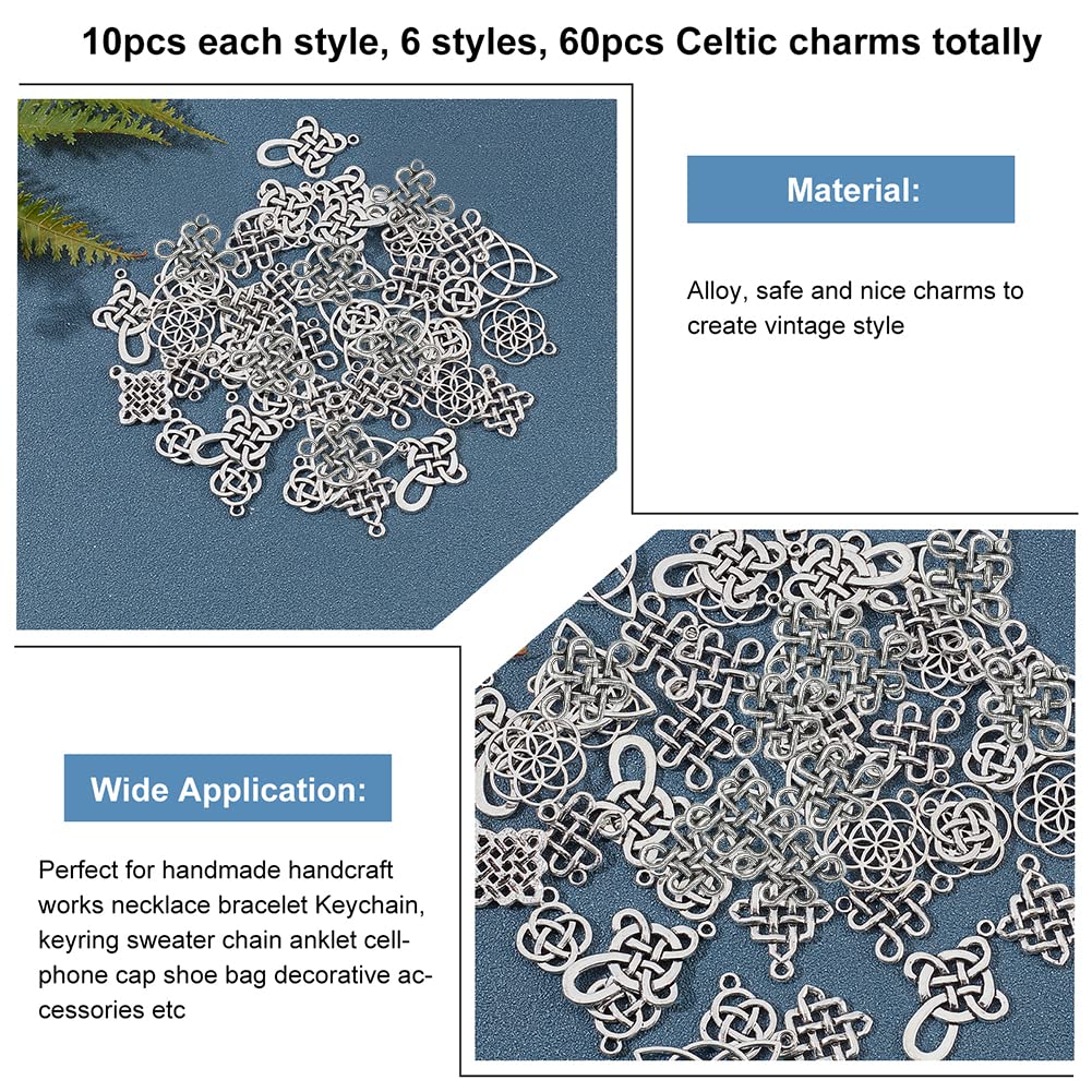 60pcs Celtic Knot Charms - 6 Styles Cross Pendants, Irish Traditional & Tibetan Alloy Charms for DIY Jewelry Making - Perfect for Bracelets, Necklaces, and Home Decor Gifts
