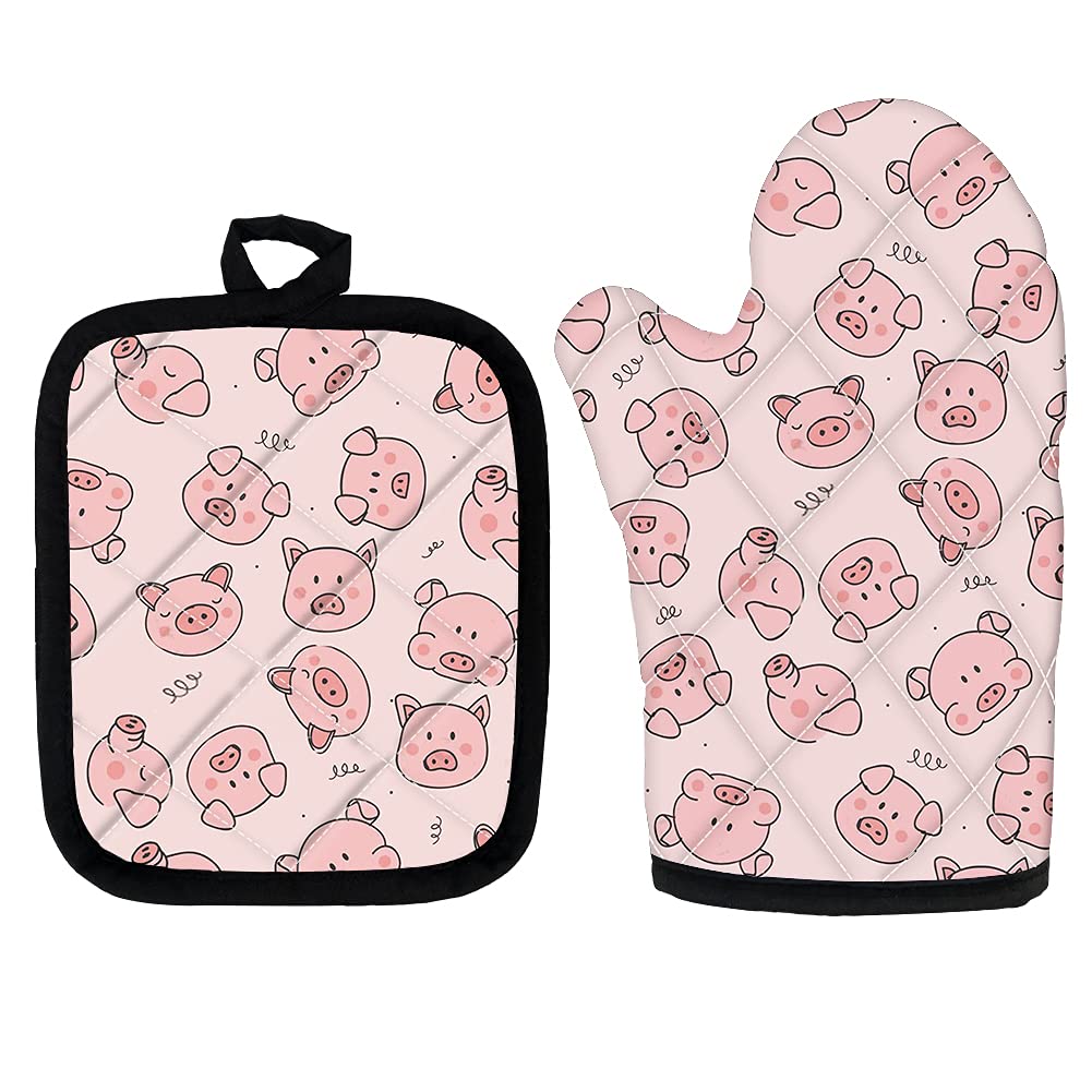 Heat Resistant Pink Pig Oven Mitts & Pot Holders Set - Cute Kitchen Cooking, Baking, BBQ Accessories for Women - Perfect for Grilling, Baking Cookies, and Handling Hot Pans