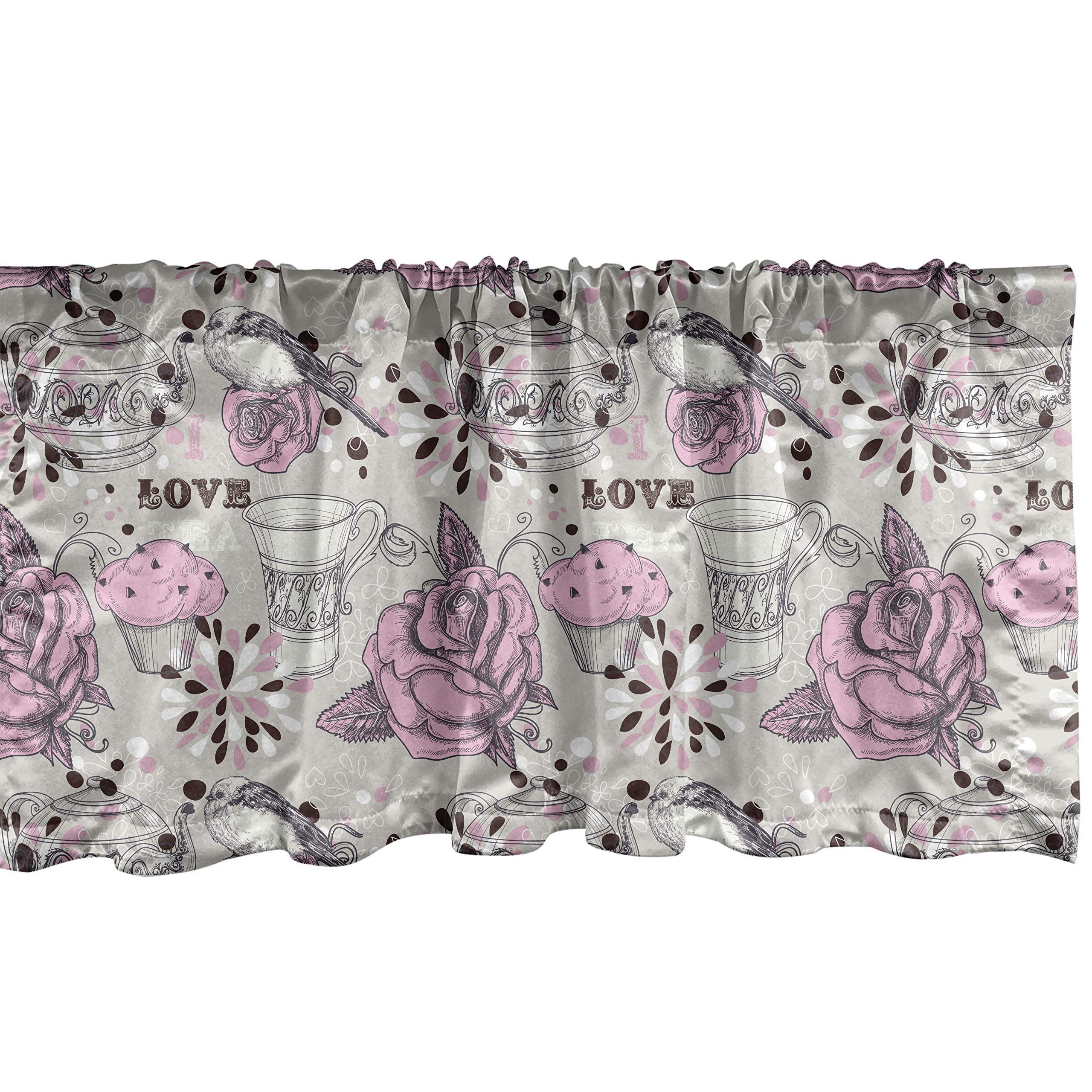 Ambesonne Tea Party Window Valance - Floral Teacup & Teapot Design with Roses & Birds, Valentine's Day Kitchen & Bedroom Curtain Valance, Rod Pocket 54