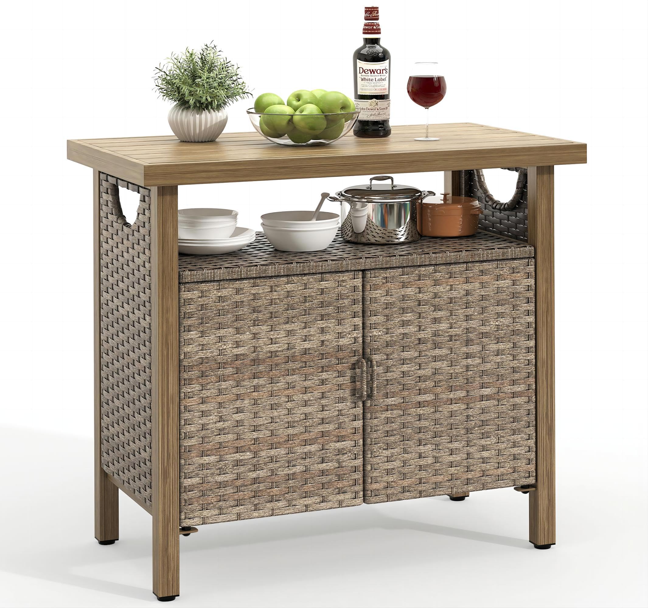 YITAHOME Outdoor Storage Cabinet with Two Doors and Shelves - Weatherproof Wicker Patio Bar Table for Cushions, Pool Tools & Garden Supplies - Brown - Perfect for Backyard, Patio, and Poolside Organization