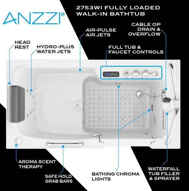 Anzzi 2753FLWL 27 x 53 Inch Left Drain Walk-In Bathtub with Whirlpool Air Jets & Waterfall Quick Fill - Ideal for Elderly & Mobility Limited Users, Spa-Like Relaxation at Home