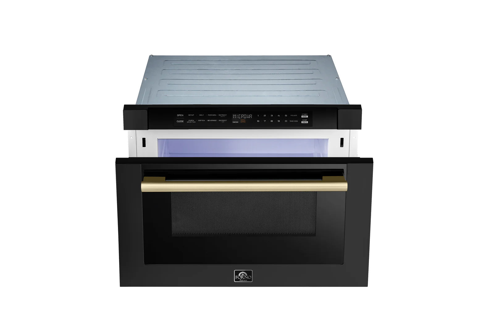 Forno 24 Inch Built-In Microwave Drawer in Black with Antique Brass Finish - FMWDR3000 24BLK - Perfect for Modern Kitchens & Small Spaces