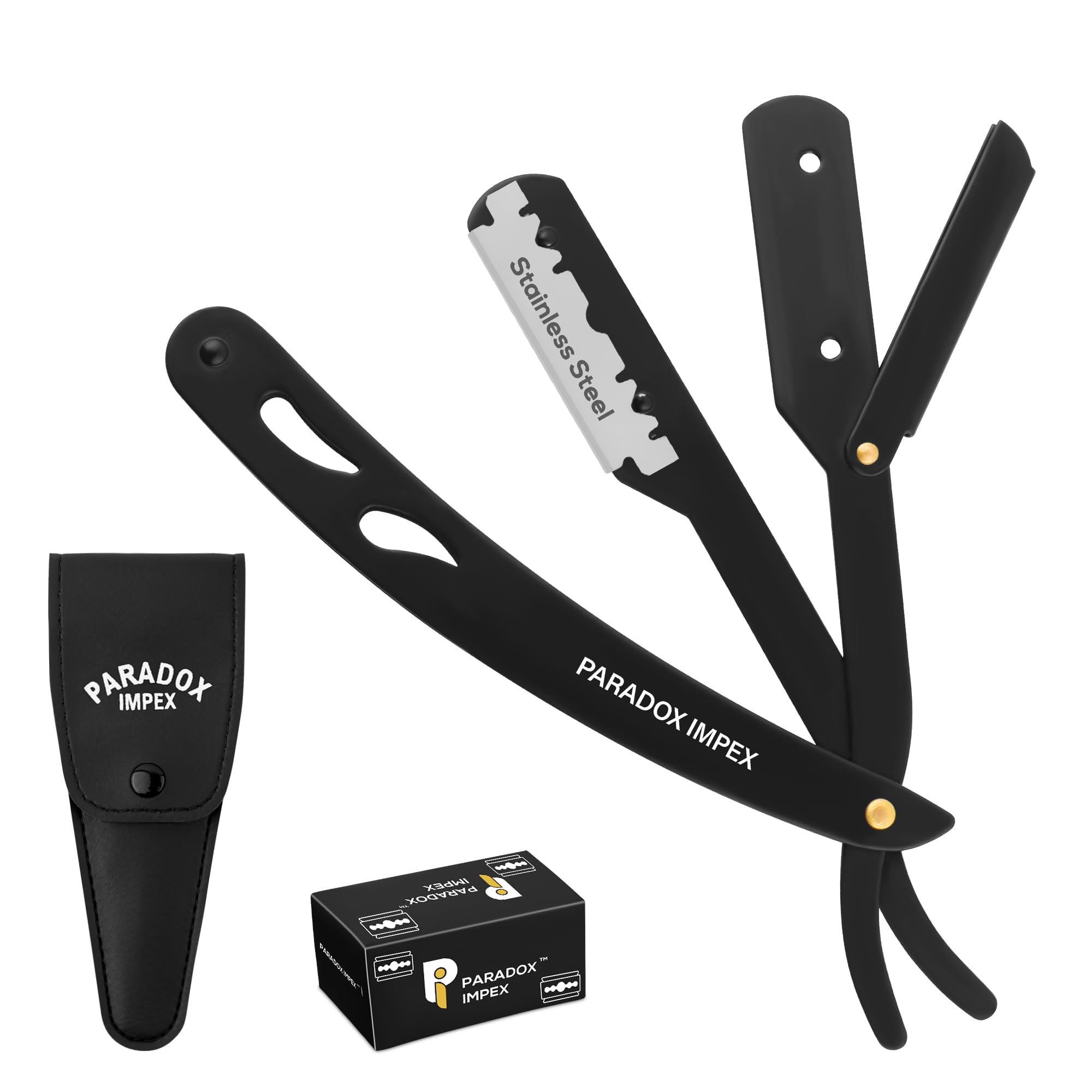 Premium Stainless Steel Straight Razor for Men - Black Barber Razor with 20 Double-Sided Blades & Travel Pouch | Professional Shaving, Grooming & Beard Care for Home or Salon Use