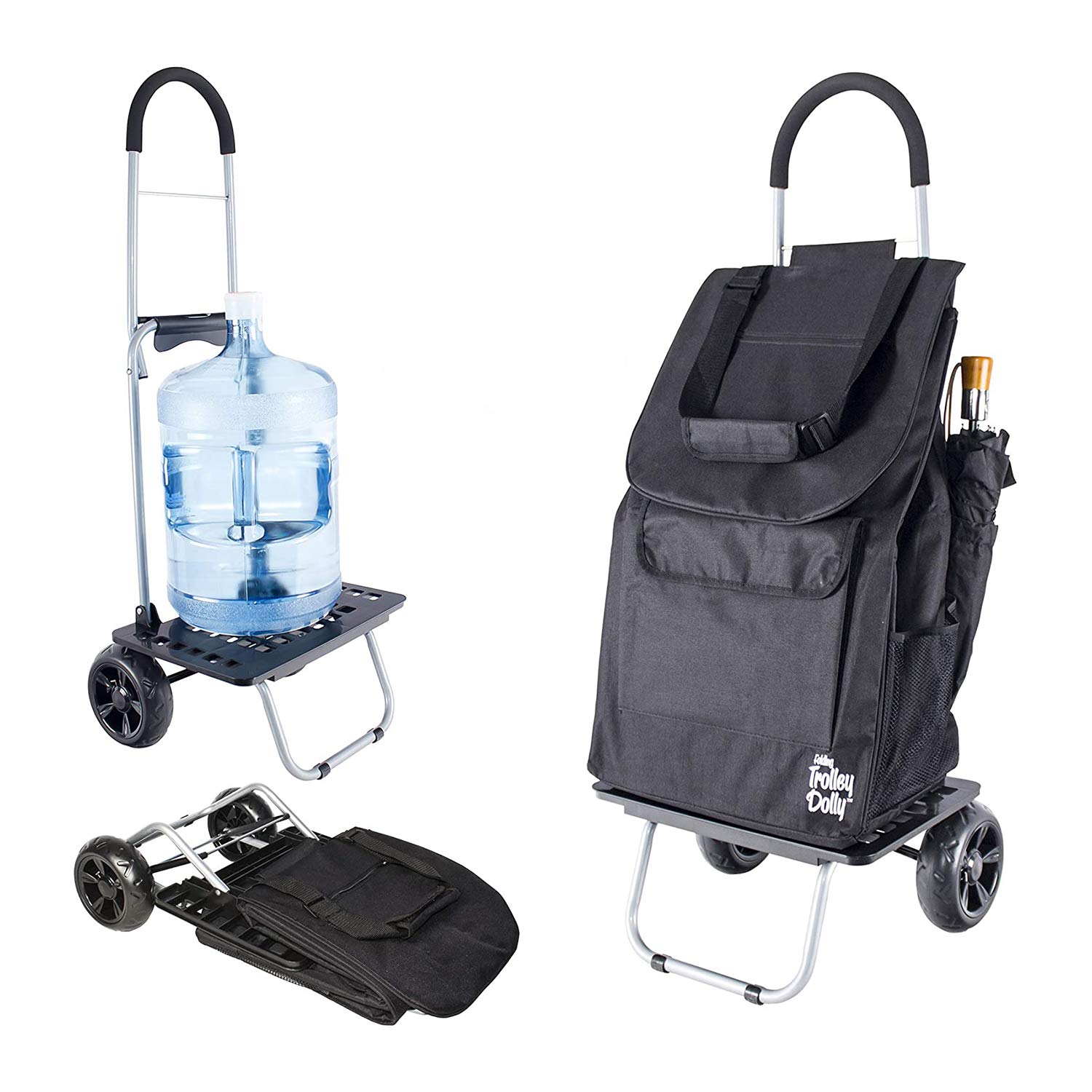 dbest Bigger Trolley Dolly - Foldable Black Shopping Cart with Wheels for Groceries, Laundry & Heavy Items | Portable Utility Cart for Supermarket, Warehouse & Home Use
