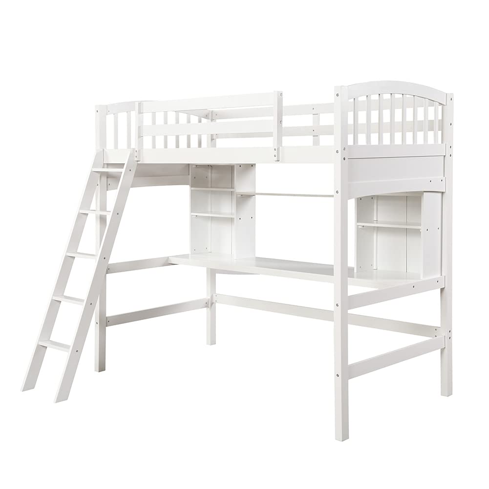 **Twin Size Pinewood Loft Bed Frame with Built-in Desk & Storage Shelves - Sturdy Bedroom Furniture with Guardrails & Removable Inclined Ladder (White) - Perfect for Kids' Rooms, Dorms & Small Spaces**