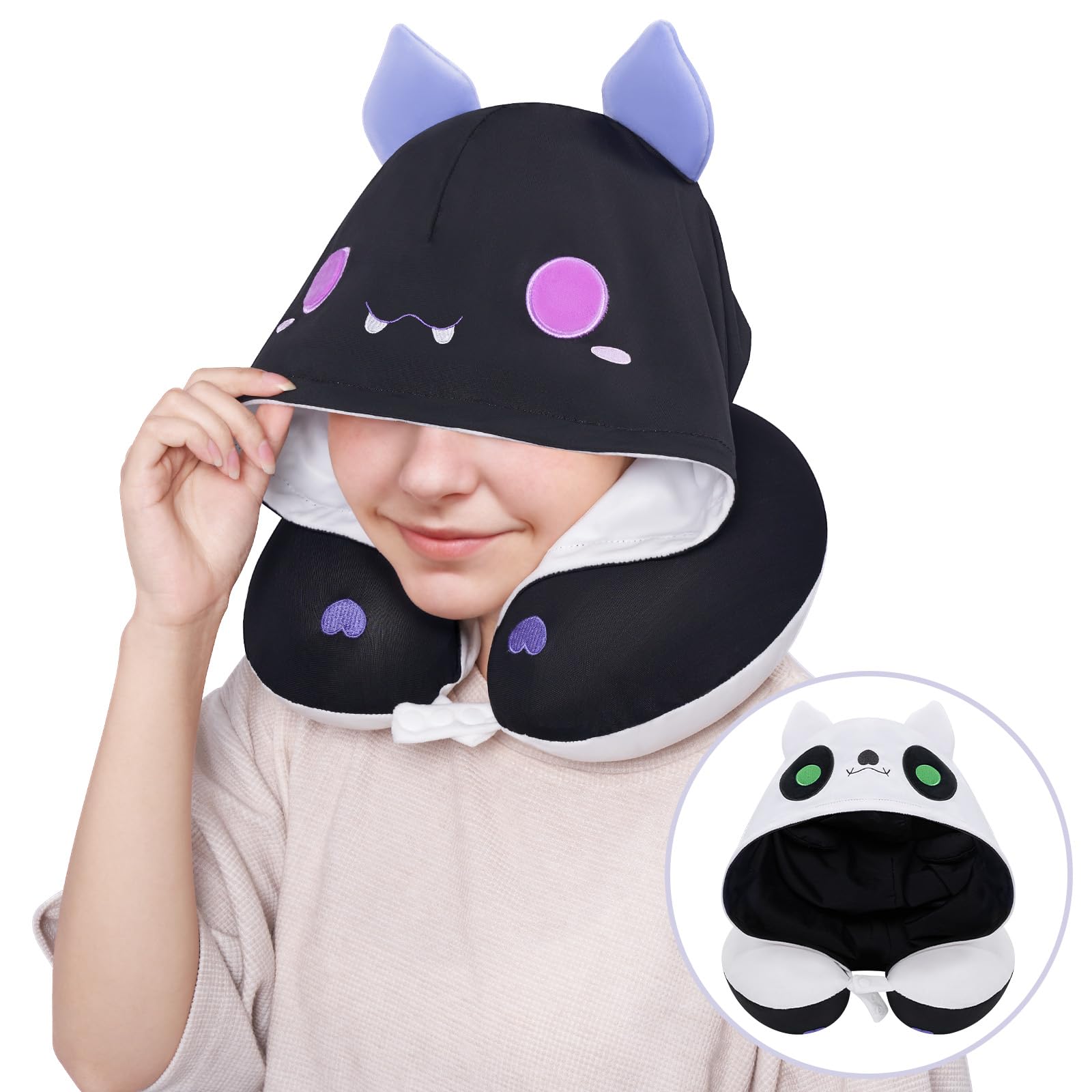 Memory Foam Travel Neck Pillow with Hood & Adjustable Strap - Soft Velvet & Cooling Ice Silk Fabric for Kids & Adults - Perfect for Airplane, Car & Office Napping