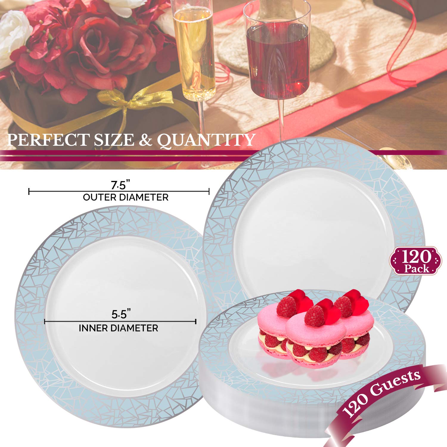 Elegant Disposable Plastic Dessert Plates 120 Pack - 7.5 Inch Heavy Duty Salad Appetizer Plates - White with Blue & Silver Mosaic Design - Bulk Catering Party Supplies for Wedding, Birthday, Baby Shower & Holiday Events - Perfect for Buffet, Dessert Table, Cocktail Party & Outdoor Gatherings