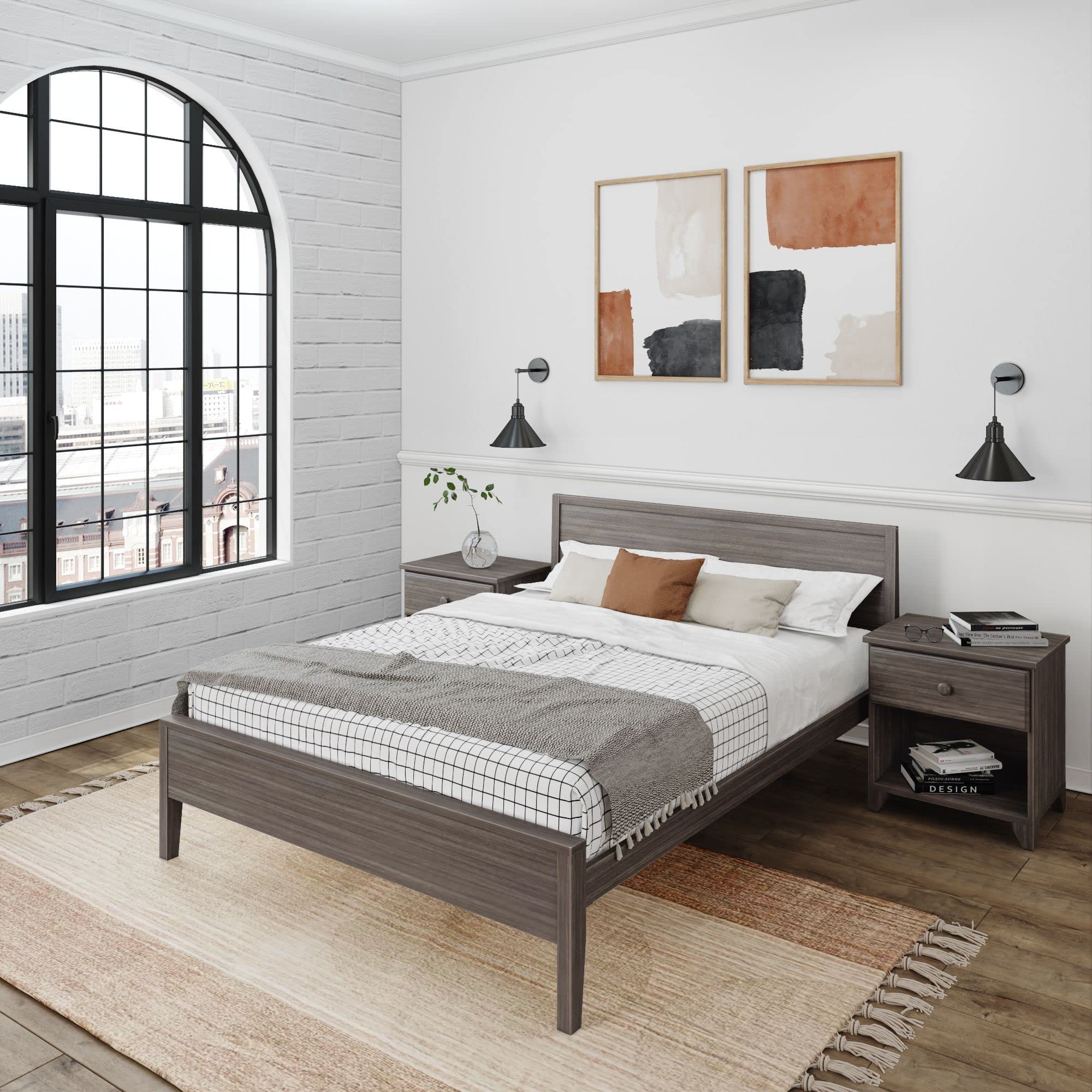 Plank+Beam Solid Wood Queen Bed Frame with Panel Headboard - Modern Platform Bed with Wood Slat Support, No Box Spring Needed, Clay Finish - Perfect for Master Bedrooms, Guest Rooms & Modern Farmhouse Decor