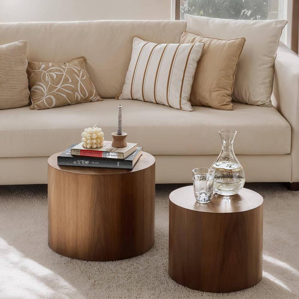 Modern Round Nesting Coffee Table Set of 2 - Walnut Wooden Circle Accent Tables with Non-Slip Feet for Living Room, Bedroom, Office - Space-Saving Drum Side Tables for Small Spaces & Balcony Decor