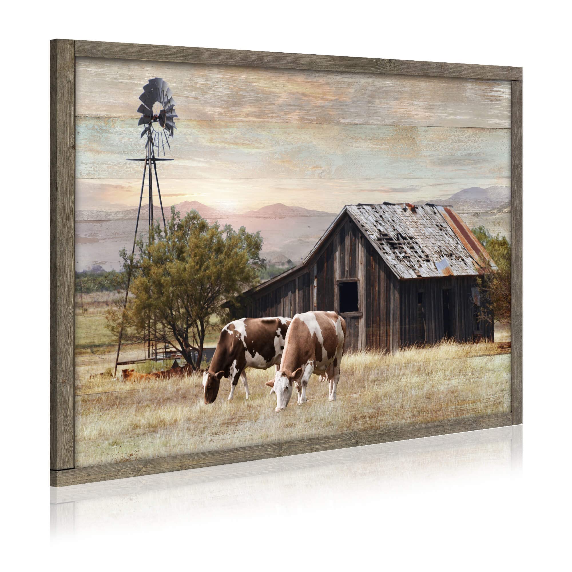 Vintage Farmhouse Wall Art - Rustic Barn Landscape Picture for Home & Kitchen Decor