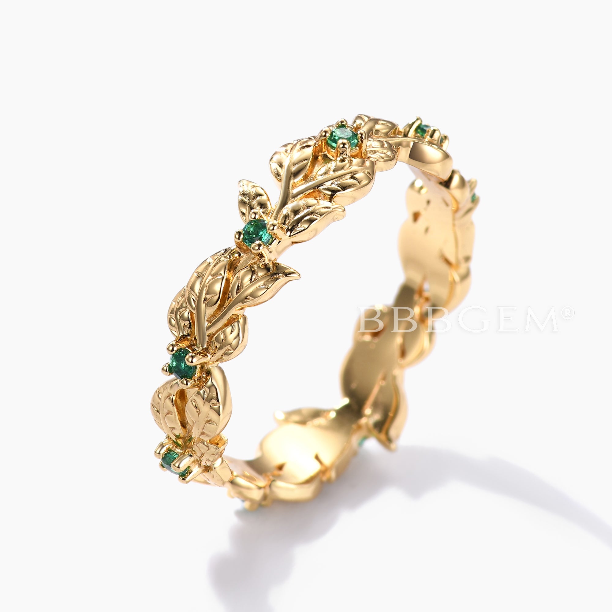 Natural Emerald Green Wedding Band - 14K Yellow Gold Floral Full Eternity Ring for Women | Elegant Bridal Jewelry, Anniversary Gift & Special Occasion Ring