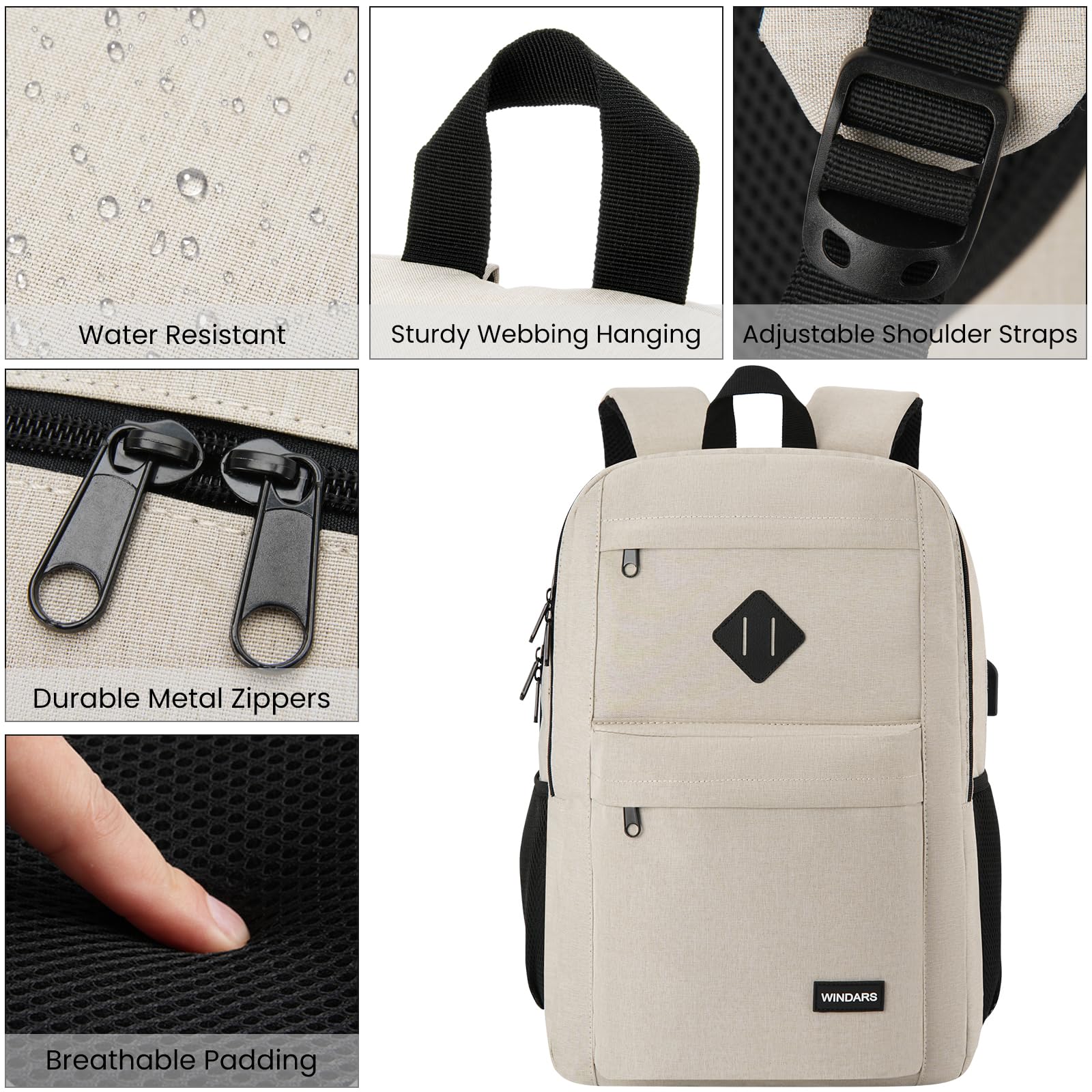 Stylish 15.6 Inch Laptop Backpack for Men & Women - Durable School Bookbag with USB Charging Port & 2 Compartments - Perfect for College, Work, Travel & Business (Beige) - Ideal for Daily Commute, Campus Life & Business Trips