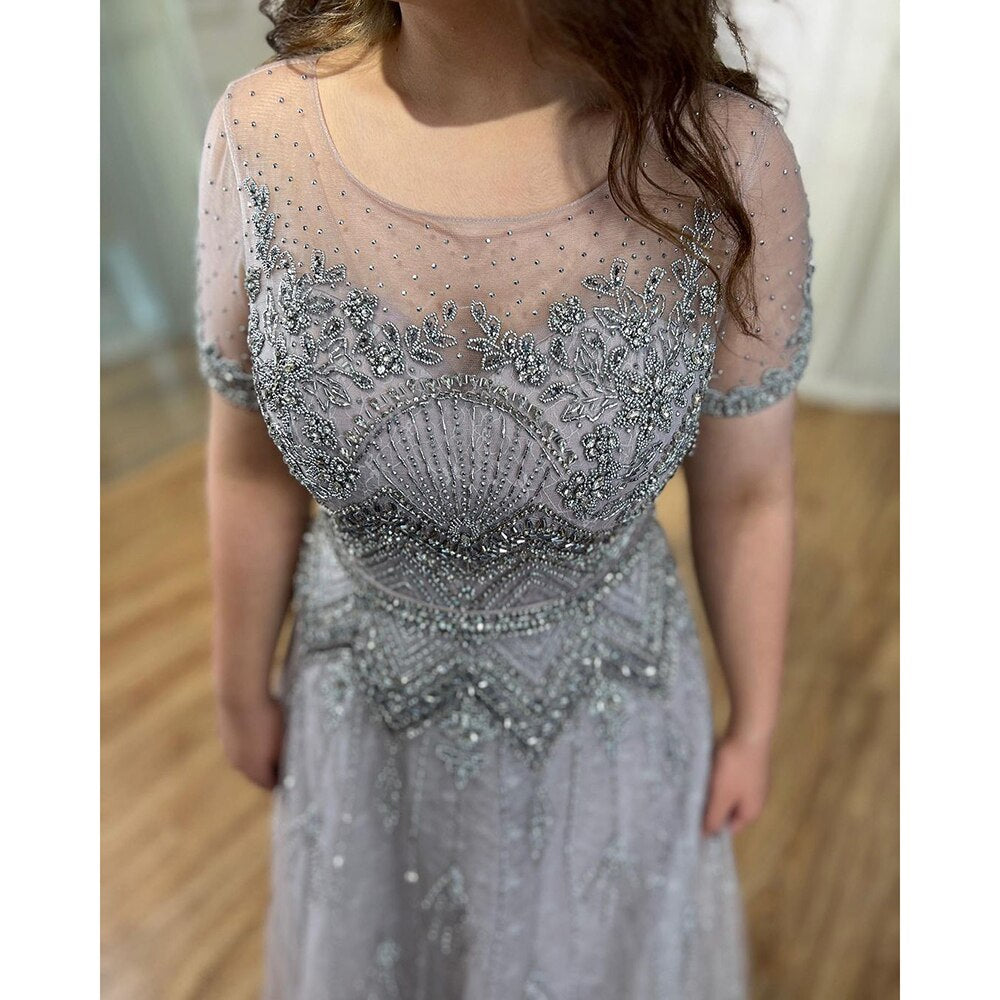 Elegant Grey O-Neck Short Sleeve A-Line Evening Dress 2025 - Luxury Beaded Mother of the Bride Party Gown LA72102 | Perfect for Weddings, Galas & Formal Occasions
