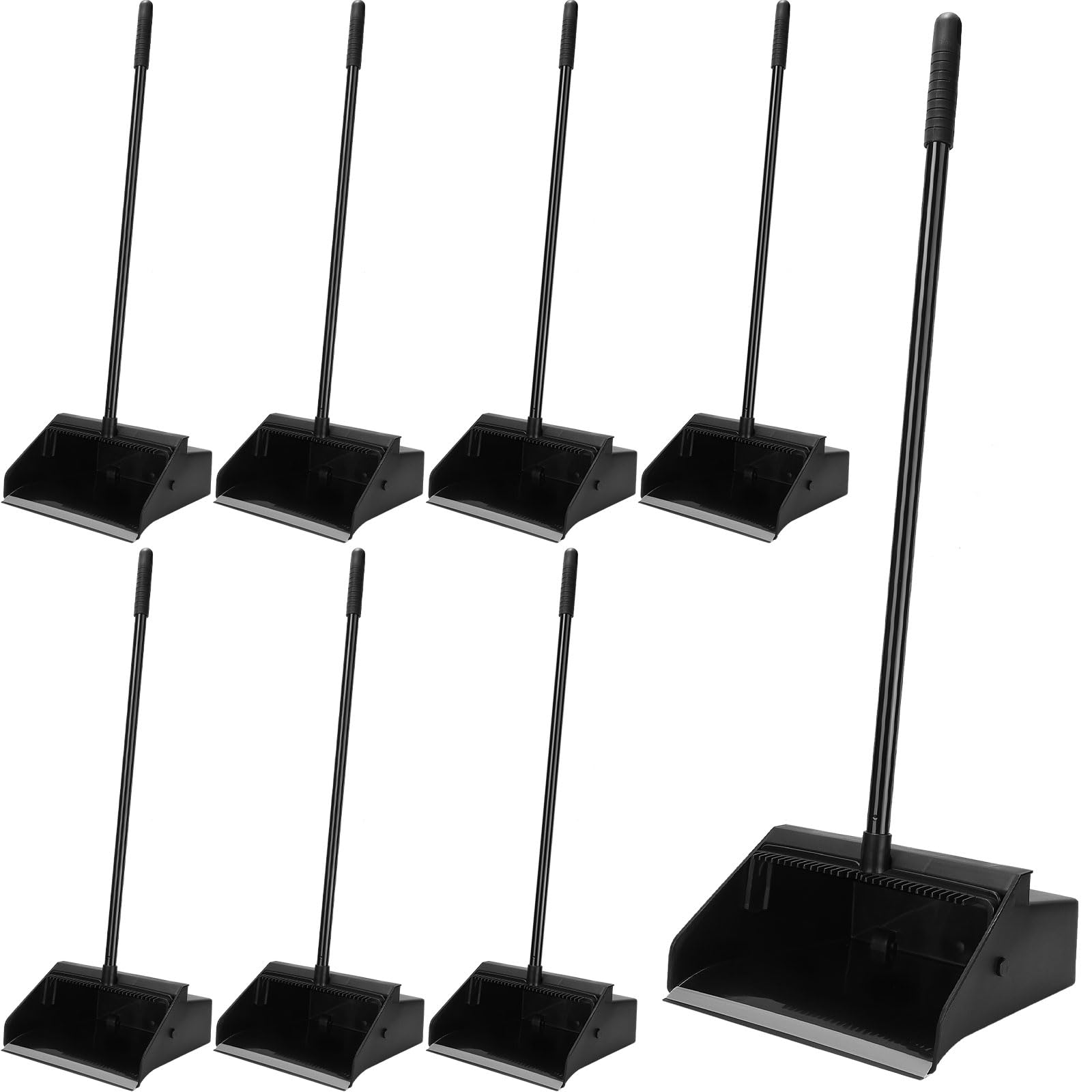 Leumoi 8-Piece Commercial Dust Pan Set - 36.6 Inch Long Handle Upright Dustpan with Serrated Edge for Wet & Dry Debris - Heavy Duty Plastic Dust Pan for Home, Office, Restaurant - Indoor & Outdoor Floor Cleaning (Black) - Perfect for Hardwood, Tile & Concrete Floors