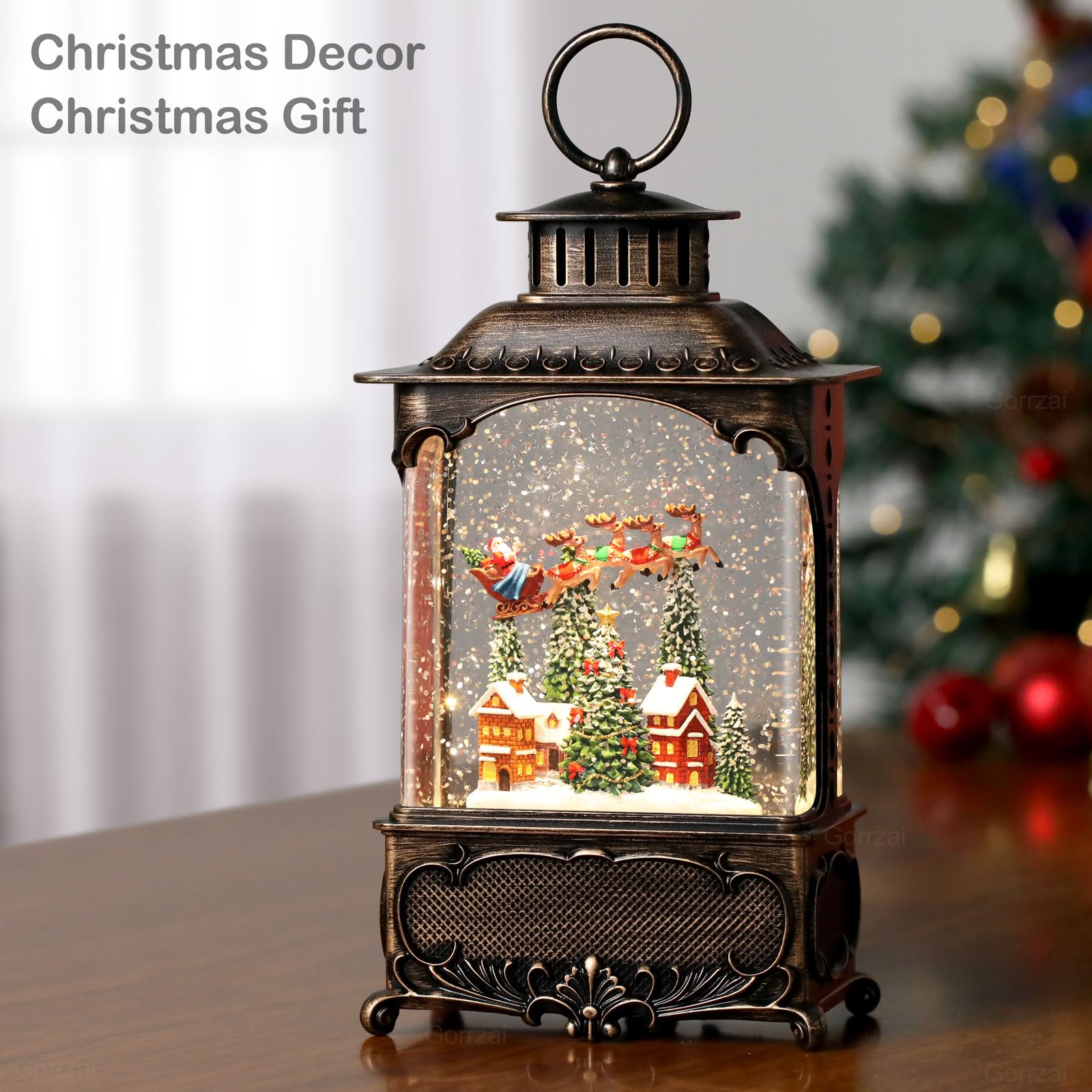 Village Snow Globe Christmas Decor - Musical Lighted Lantern with Swirling Glitter, Santa Church Reindeer Scene, USB/Battery Powered - Perfect for Home, Office & Holiday Party Decorations