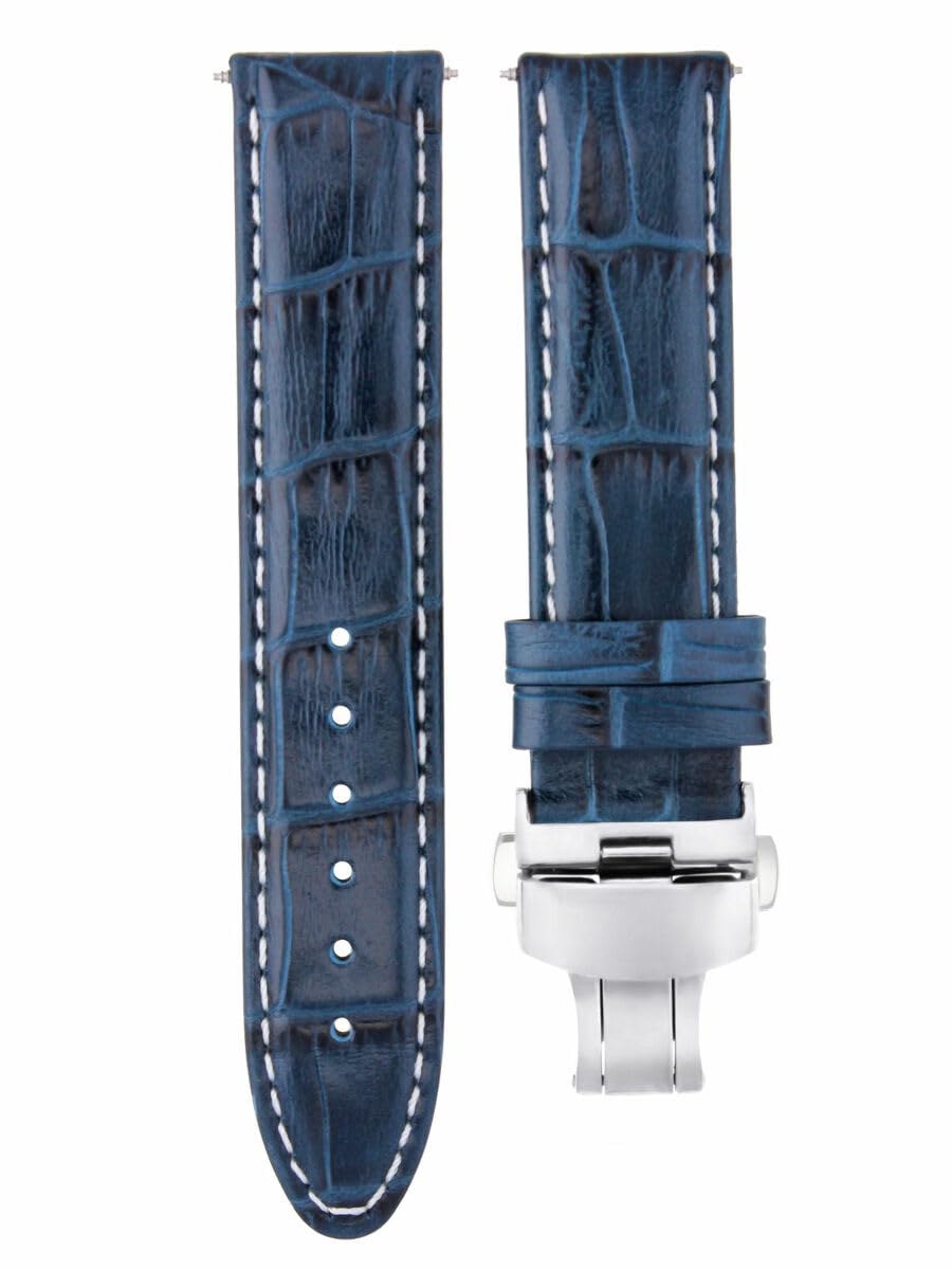 Premium 18mm Genuine Leather Watch Band Strap - Compatible with Omega Speedmaster Moon Watch - Blue Leather with White Stitching - Perfect for Dress Watches, Business Attire & Formal Occasions