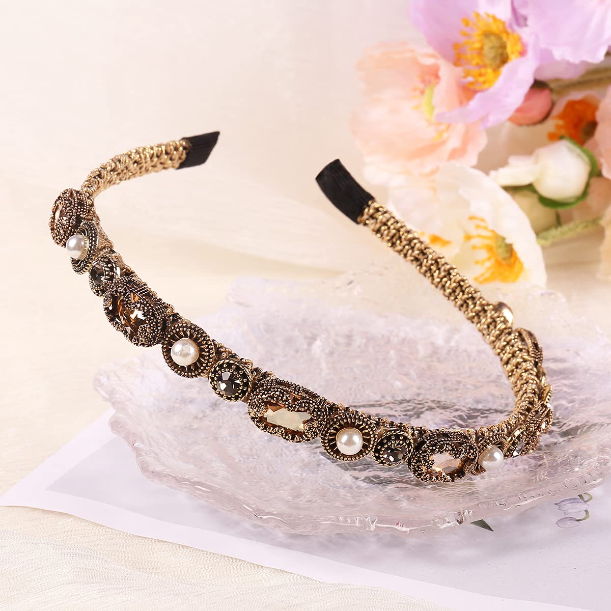 YARN & INK Gold Rhinestone Pearls Headbands for Women & Girls - Non-Slip Bling Hair Accessories for Parties, Weddings & Christmas Gifts (Baroque Champagne)
