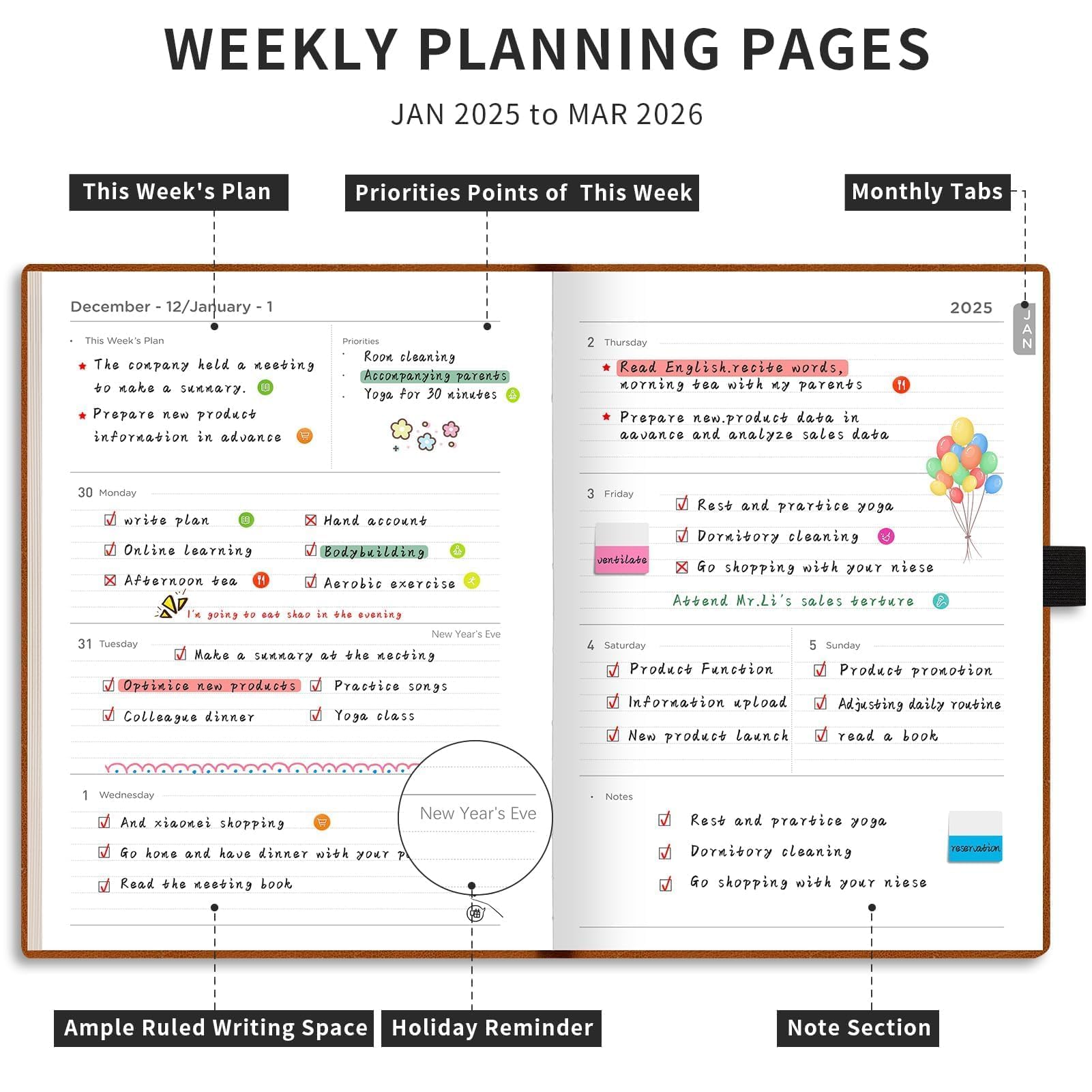 2025-2026 Weekly & Monthly Planner - 15 Month Calendar from Jan 2025 to Mar 2026, A4 Size 8.5x11 Inches with 14 Notes Pages, Vegan Leather Soft Cover & Inner Pocket - Perfect for Work, School & Personal Organization (Black)