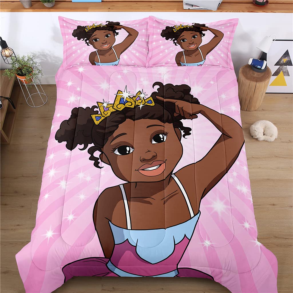 Pink African American Girls Bedding Set - Queen Size Comforter with 2 Pillowcases - Crown Design for Teens & Adults - Perfect for Girls' Rooms, Dorm Decor & Gift Giving