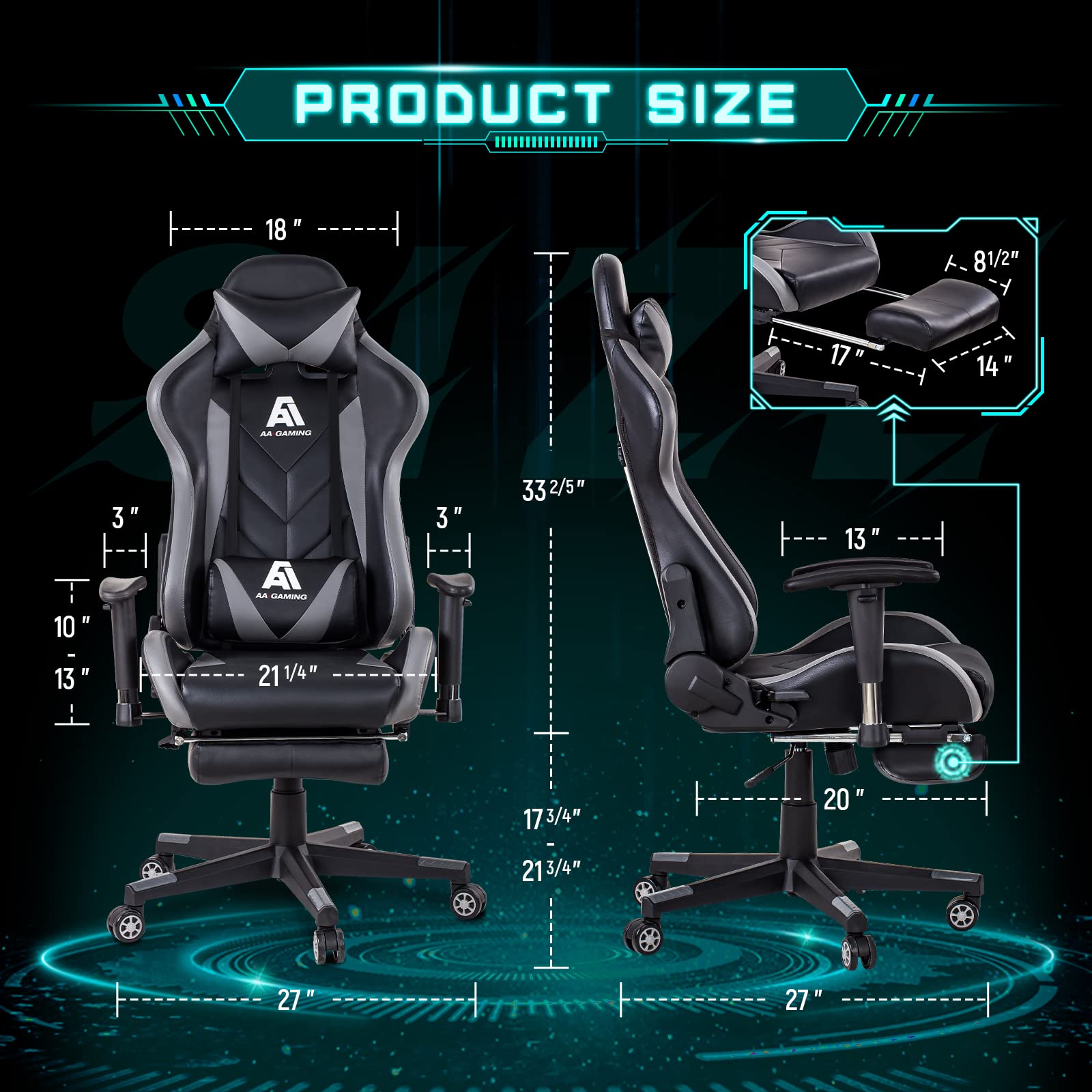 Ergonomic Gaming Chair with High Back, Adjustable Lumbar Support & Footrest - Comfortable Computer Racing Office Chair for PC & Console Gamers (Grey) - Perfect for Esports, Streaming & Long Work Sessions