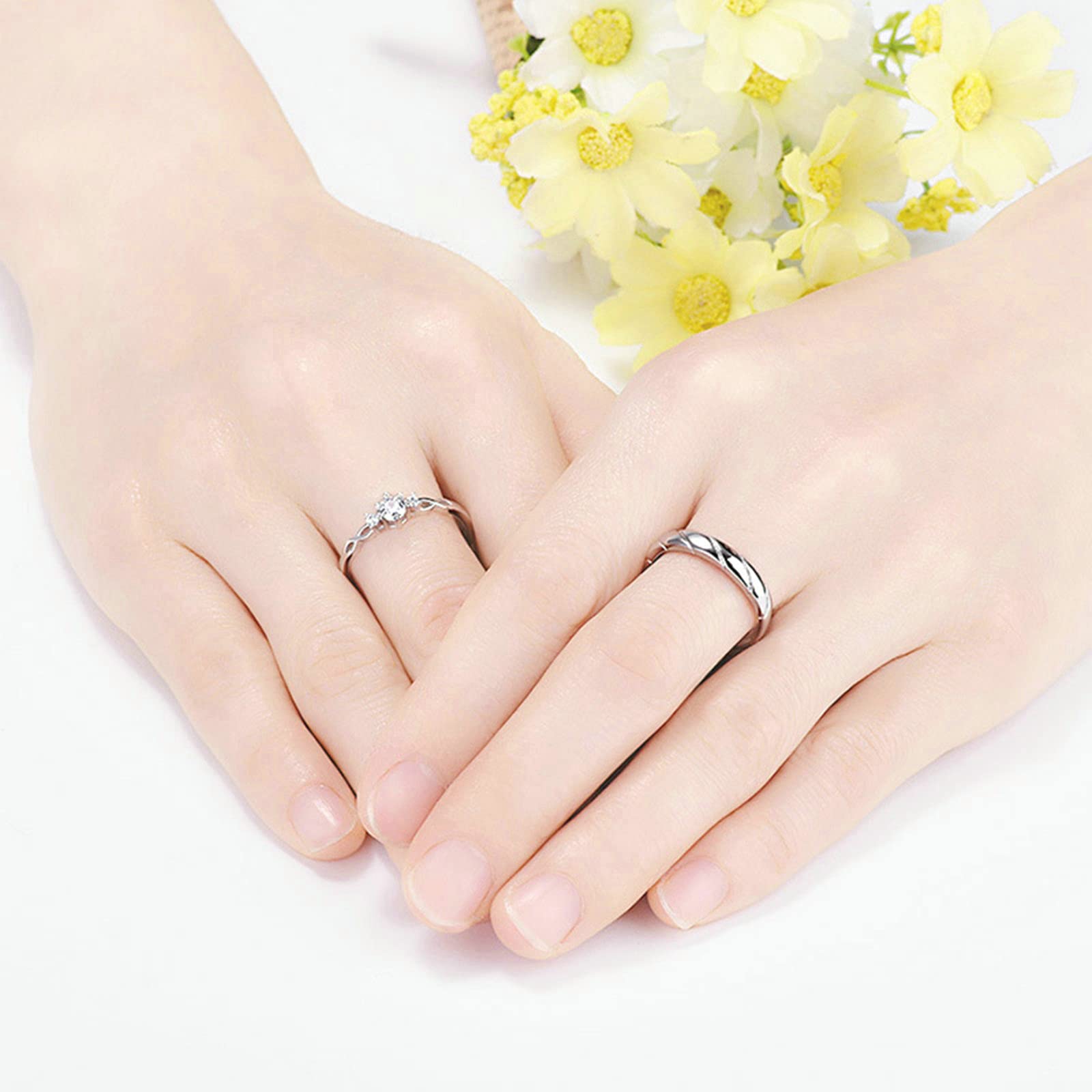 Sterling Silver Couple Wedding Rings Set - Love Knot Cubic Zirconia Adjustable Promise Rings for Him & Her - Perfect for Anniversaries, Engagements, and Romantic Gifts