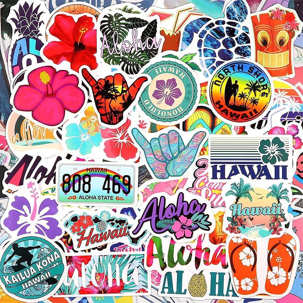 100 Pcs Hawaiian Summer Stickers - Waterproof Vinyl Decals for Surfboard, Water Bottle, Laptop & Luggage - Tropical Beach Vacation Decorations - Perfect Gift for Teens & Kids - Great for Scrapbooking, Skateboards & Refrigerators