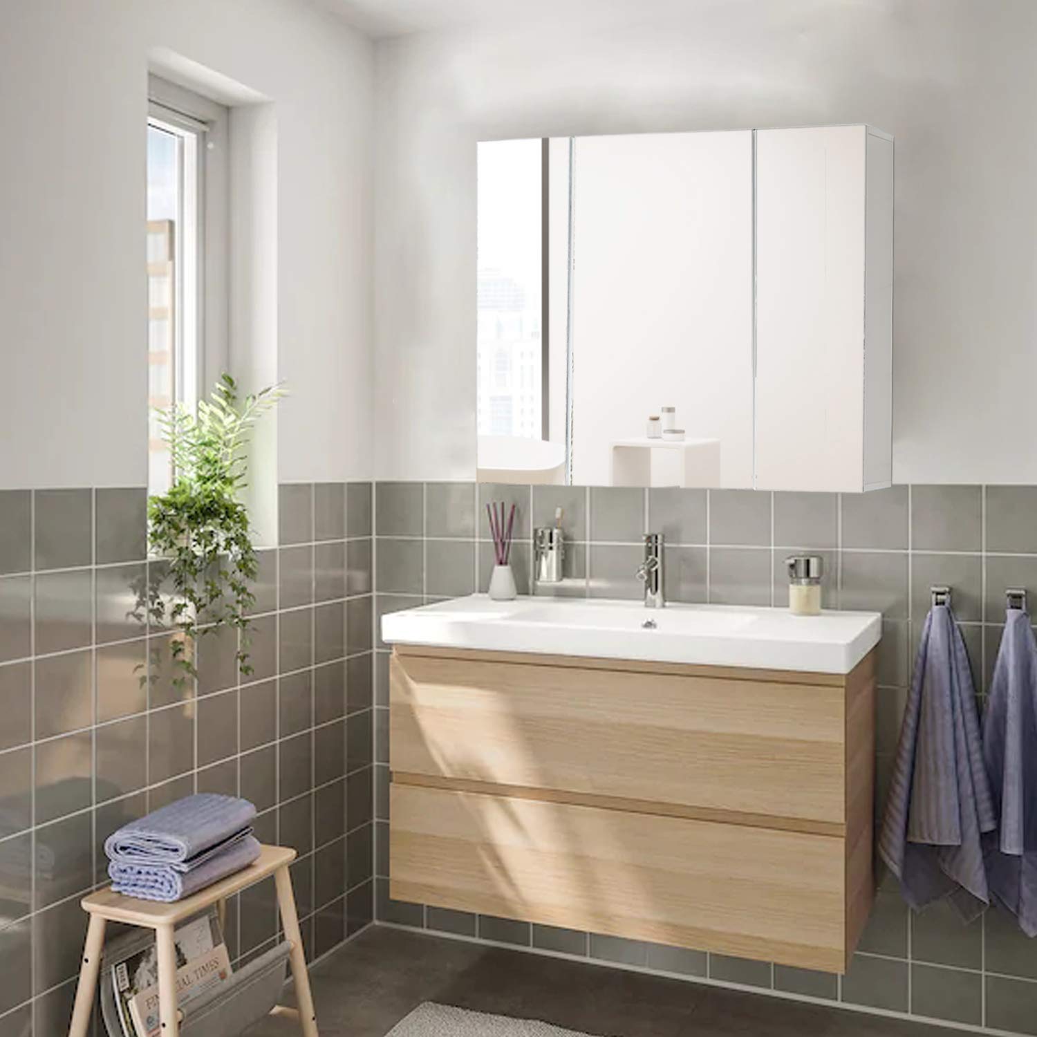 DICTAC 3-Door Medicine Cabinet with Mirror - 27.6x23.62 Inch Bathroom Wall Storage Organizer, Adjustable Shelves, White - Perfect for Bathroom, Bedroom & Vanity Organization