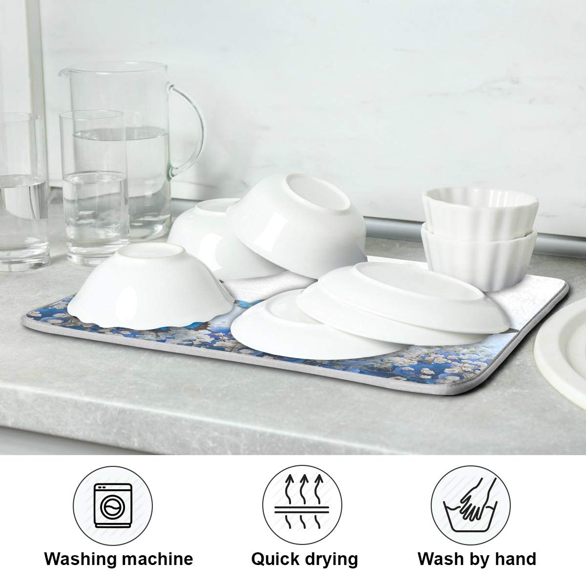 Susiyo Super Absorbent Microfiber Dish Drying Mat - Blue Hydrangeas & Butterfly Design - Heat-Resistant Kitchen Counter Mat (18x24 Inch) for Drying Dishes, Utensils & Cookware - Perfect for Kitchen Countertops, Sink Areas & Dish Rack Protection