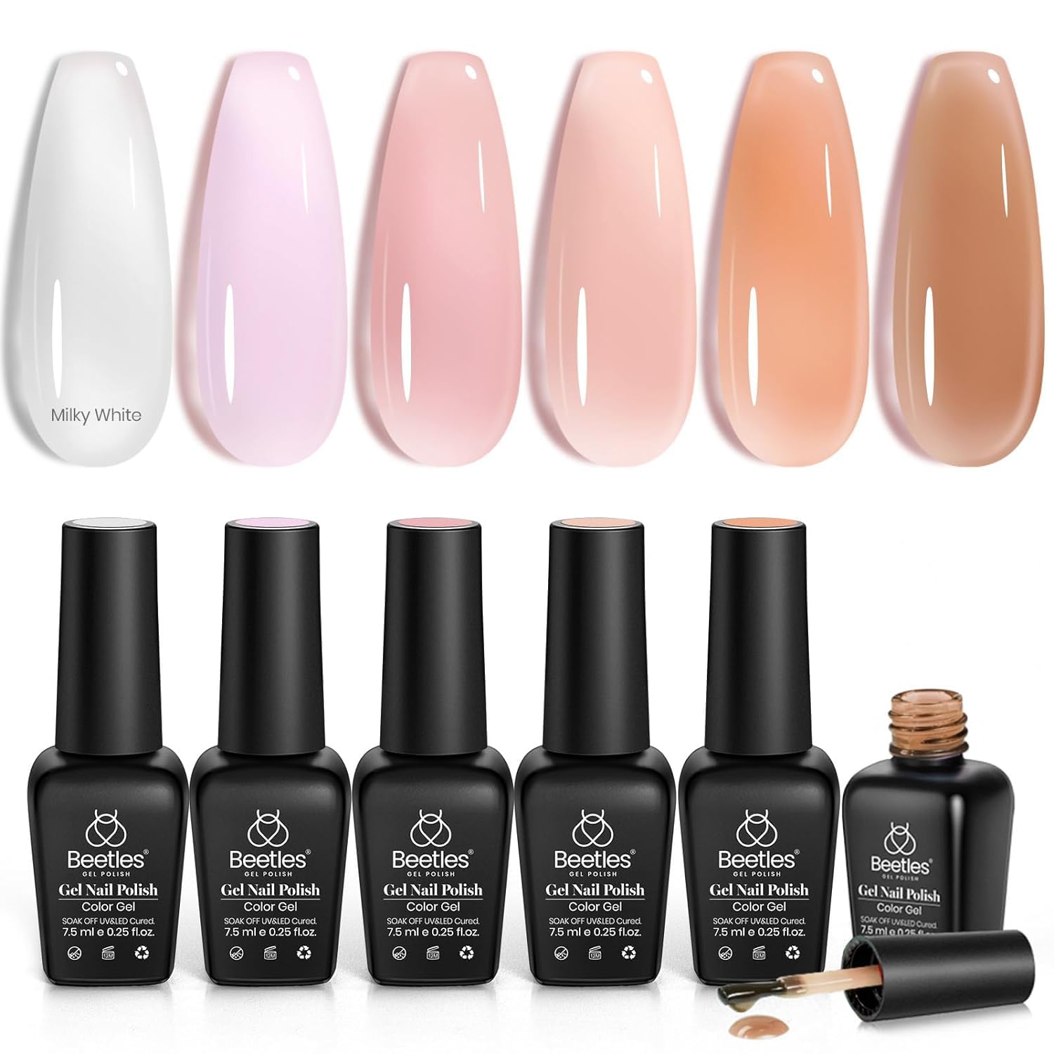 Beetles Jelly Gel Nail Polish Set - 6 Colors Milky White Nude Pink Sheer Brown Soak Off UV Gel Polish Kit | Translucent French Manicure Effect, Nail Concealer | Perfect for Home Salon, DIY Nail Art, Gift for Women | Monochrome Collection