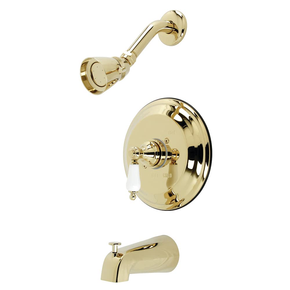 Kingston Brass KB3632PL Polished Brass Tub and Shower Faucet with Porcelain Lever Handle - Vintage Restoration Style for Bathroom Remodeling | Perfect for Classic and Modern Bathroom Designs