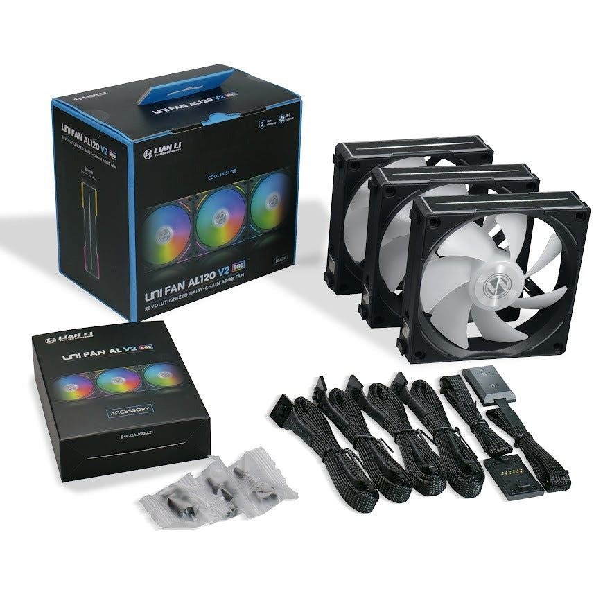 Lian Li UNI FAN AL120 V2 Triple Pack 120mm RGB PWM PC Case Fans with Controller - Black/White (UF-AL120V2-3B/UF-AL120V2-3W) - High Airflow Cooling for Gaming PC Builds & Custom Water Cooling Systems