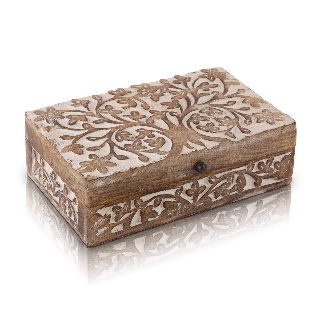 Handmade Wooden Jewelry Box with Tree of Life Carving - Jewelry Organizer, Keepsake Box & Watch Storage - Perfect Birthday, Housewarming Gift for Women - Great for Home Decor, Travel & Special Occasions
