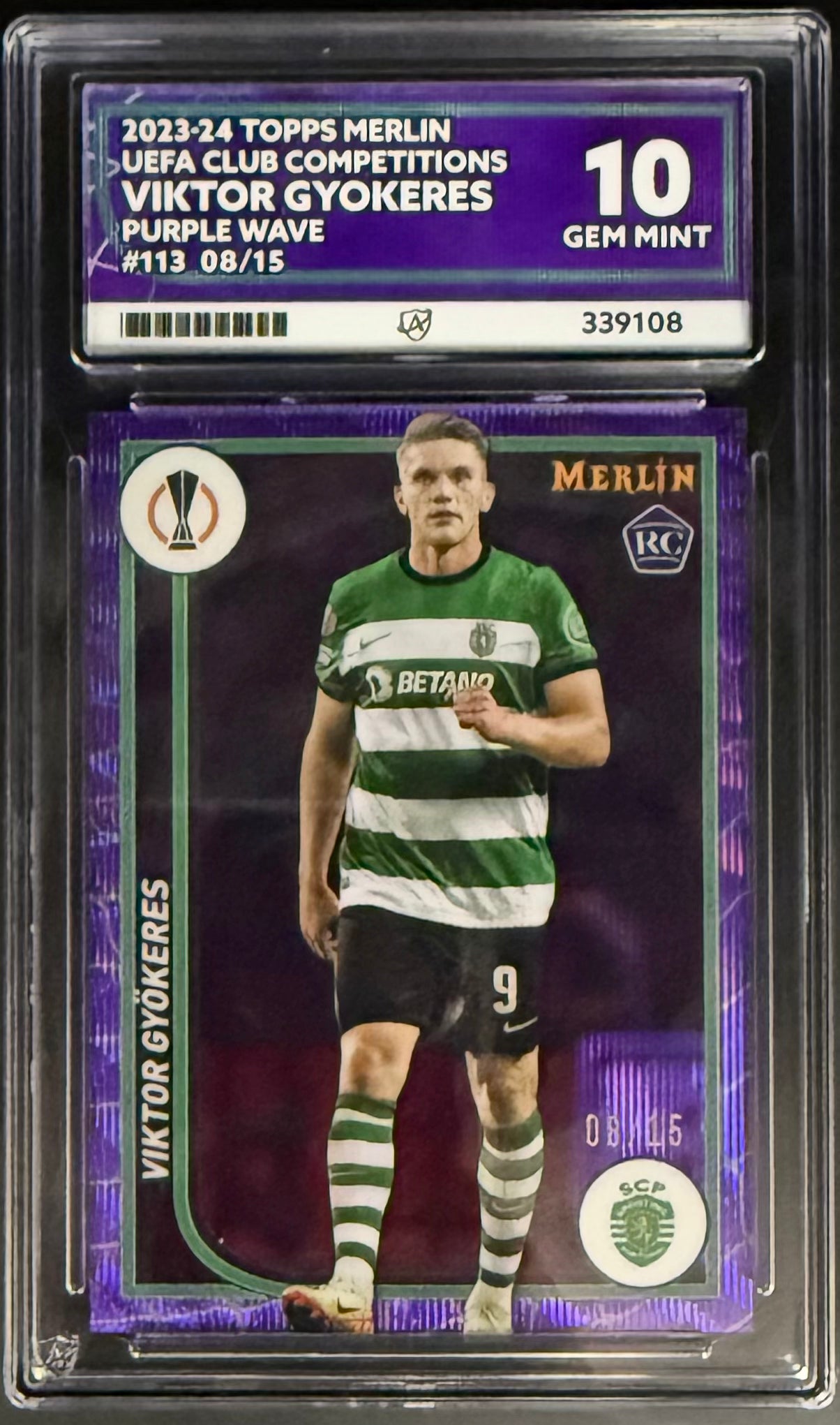 Topps Viktor Gyokeres Purple Wave Refractor /15 Merlin UEFA Club Competitions ACE GRADING 10 - Rare Soccer Trading Card for Collectors & Fans - Perfect for Display, Investment & Fantasy Sports