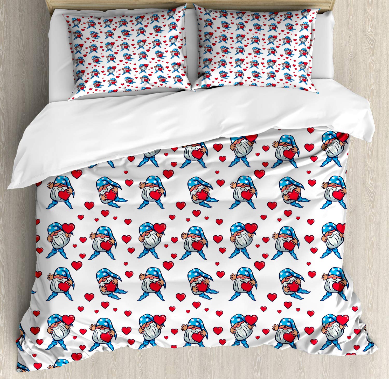Ambesonne Gnome Duvet Cover Set - Romantic Elves Holding Hearts Print, 3-Piece King Size Bedding with 2 Pillow Shams, Blue Vermilion - Perfect for Valentine's Day, Birthday Gifts & Cozy Bedroom Decor