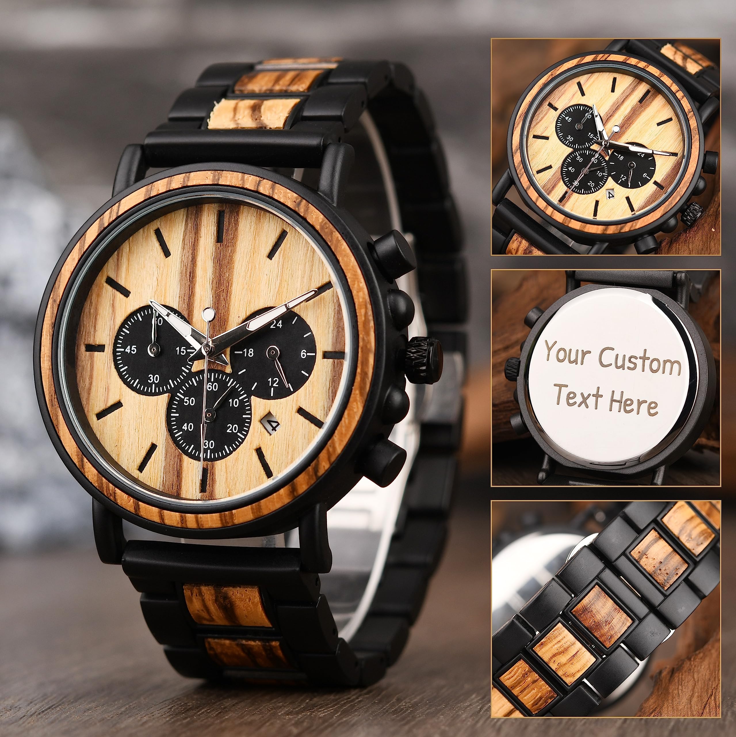 Personalized Wooden Watch for Men - Custom Engraved Japanese Analog Quartz Wristwatch with Wood Band | Unique Gift for Anniversary, Birthday & Special Occasions