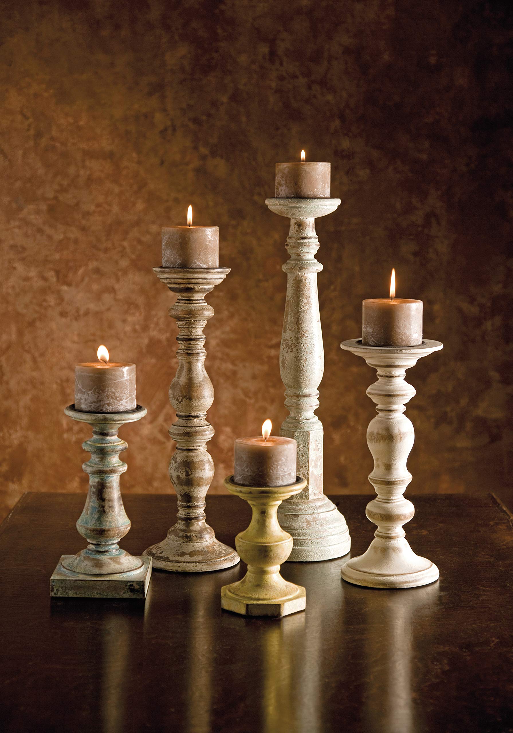 IMAX 5544-5 Set of 5 Mango Wood & Iron Distressed Candle Holders - 3 Inch Pillar Candle Stands - Rustic Home Decor for Dining Table, Wedding Centerpiece & Farmhouse Decor