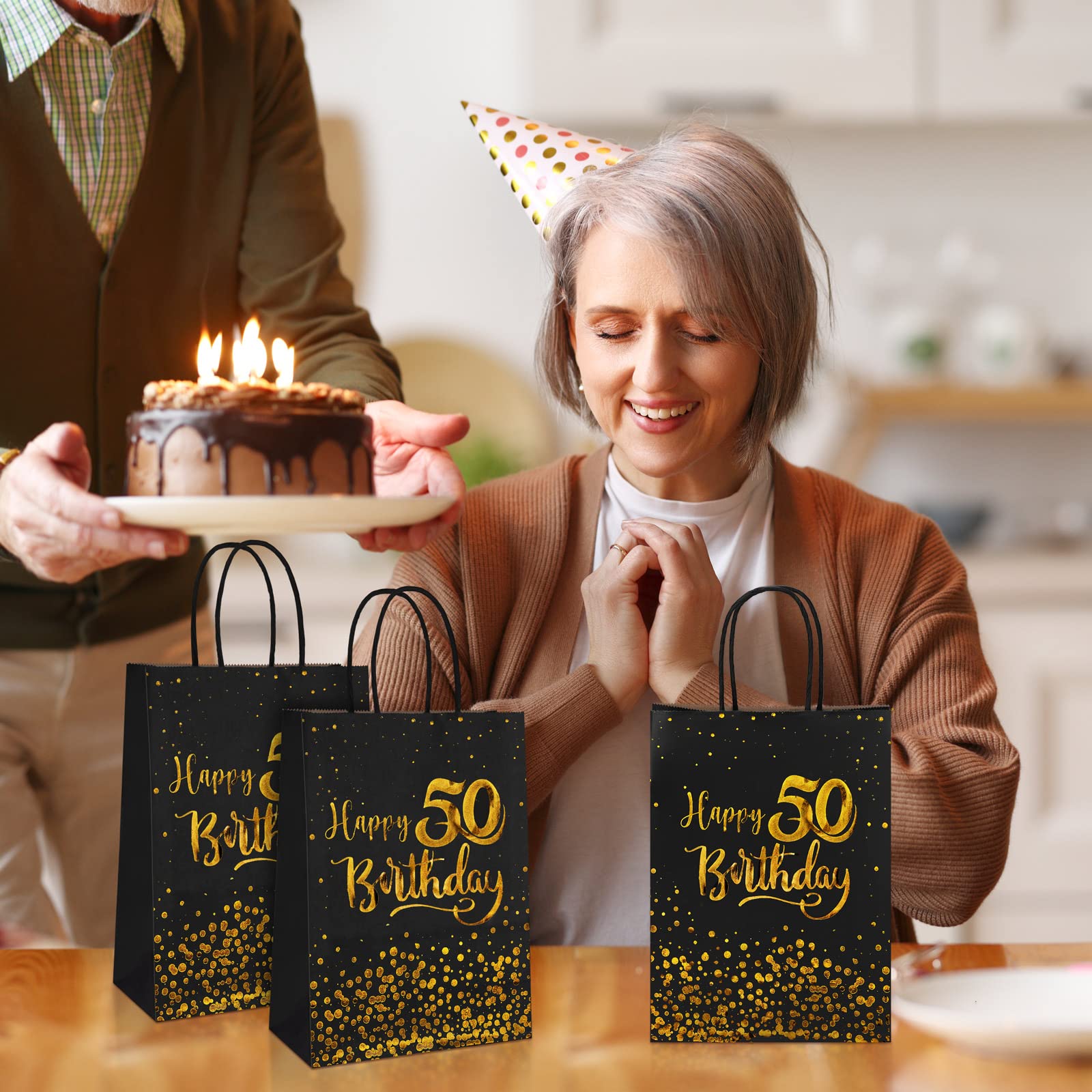 24 Pack Black & Gold 50th Birthday Gift Bags - Kraft Paper Party Favor Bags for Candy, Wedding, Anniversary Celebrations - Perfect for Birthday Parties, Retirement Events & Special Occasions