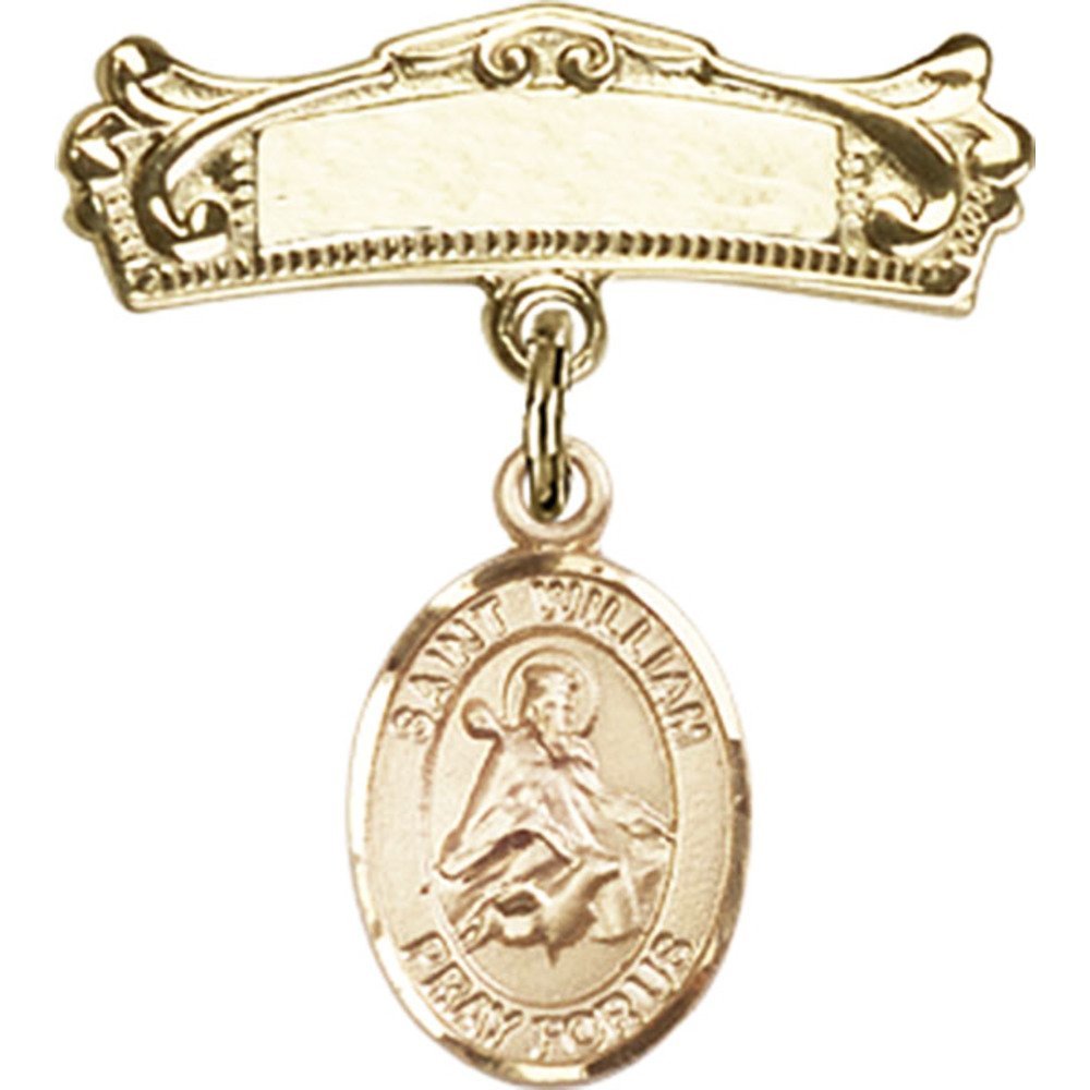Gold Filled Baby Badge with St. William of Rochester Charm - 7/8 X 3/4 Inch Arched Polished Pin for Christening, Baptism & First Communion Gifts