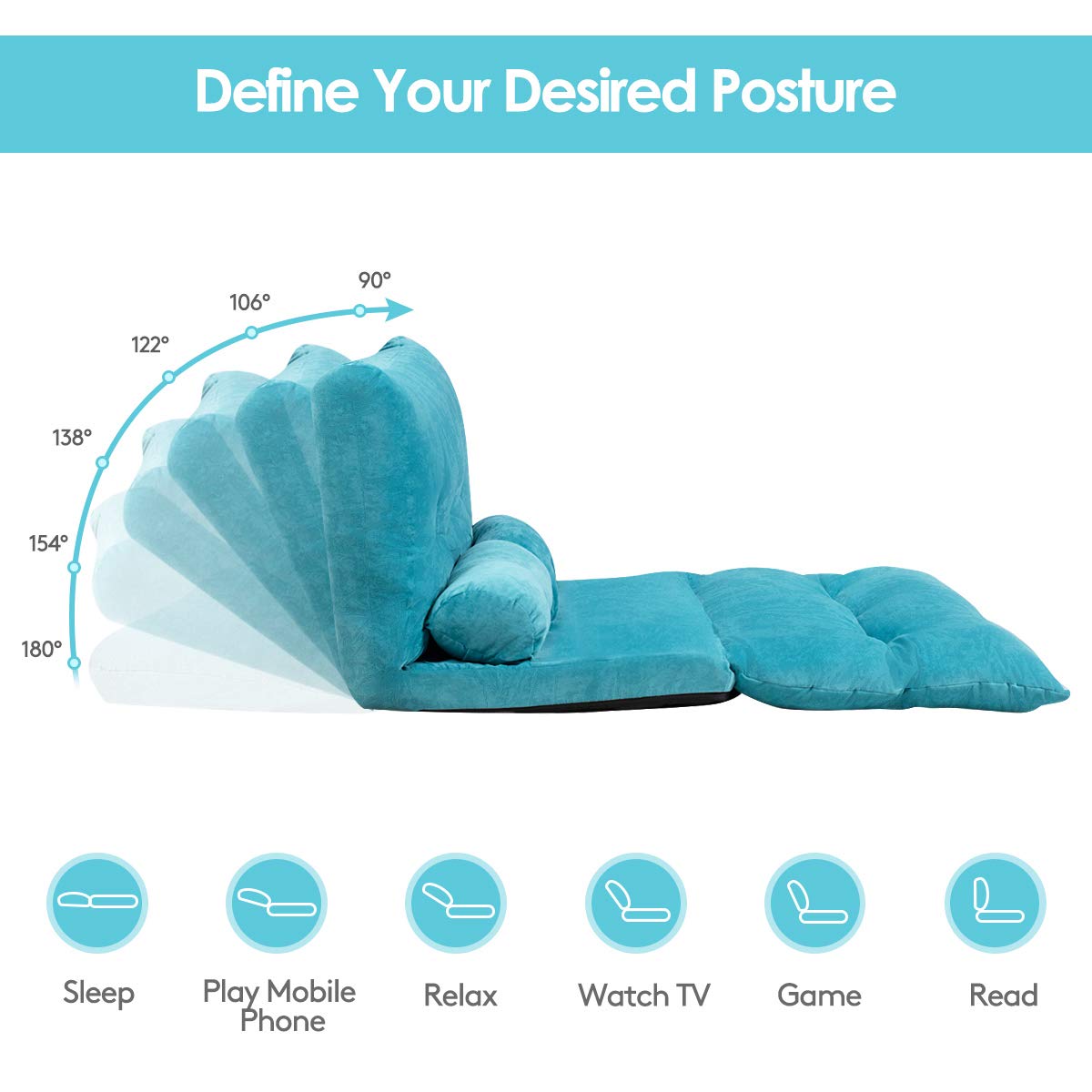 Giantex Adjustable Floor Sofa Couch with 2 Pillows - 6-Position Foldable Lazy Sofa Sleeper Bed, Multi-Functional Suede Floor Seating for Living Room, Bedroom, Reading & Gaming (Blue)