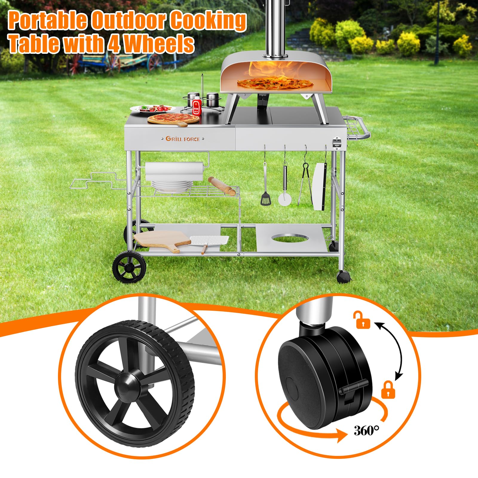 Portable Outdoor Pizza Oven Table for Ooni, Ninja Woodfire & Blackstone - Heavy Duty Grill Cart with Food Prep Space - Movable BBQ Island for Backyard, Patio & Camping Cooking | Perfect for Outdoor Entertaining & Pizza Parties