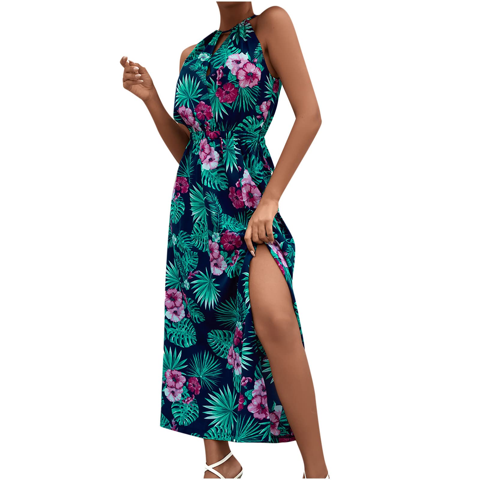 2022 Women's Summer Dresses - Sexy Casual Off Shoulder Bandage Pleated Print Maxi Dress with High Low Hem | Perfect for Beach Vacations, Date Nights & Summer Parties