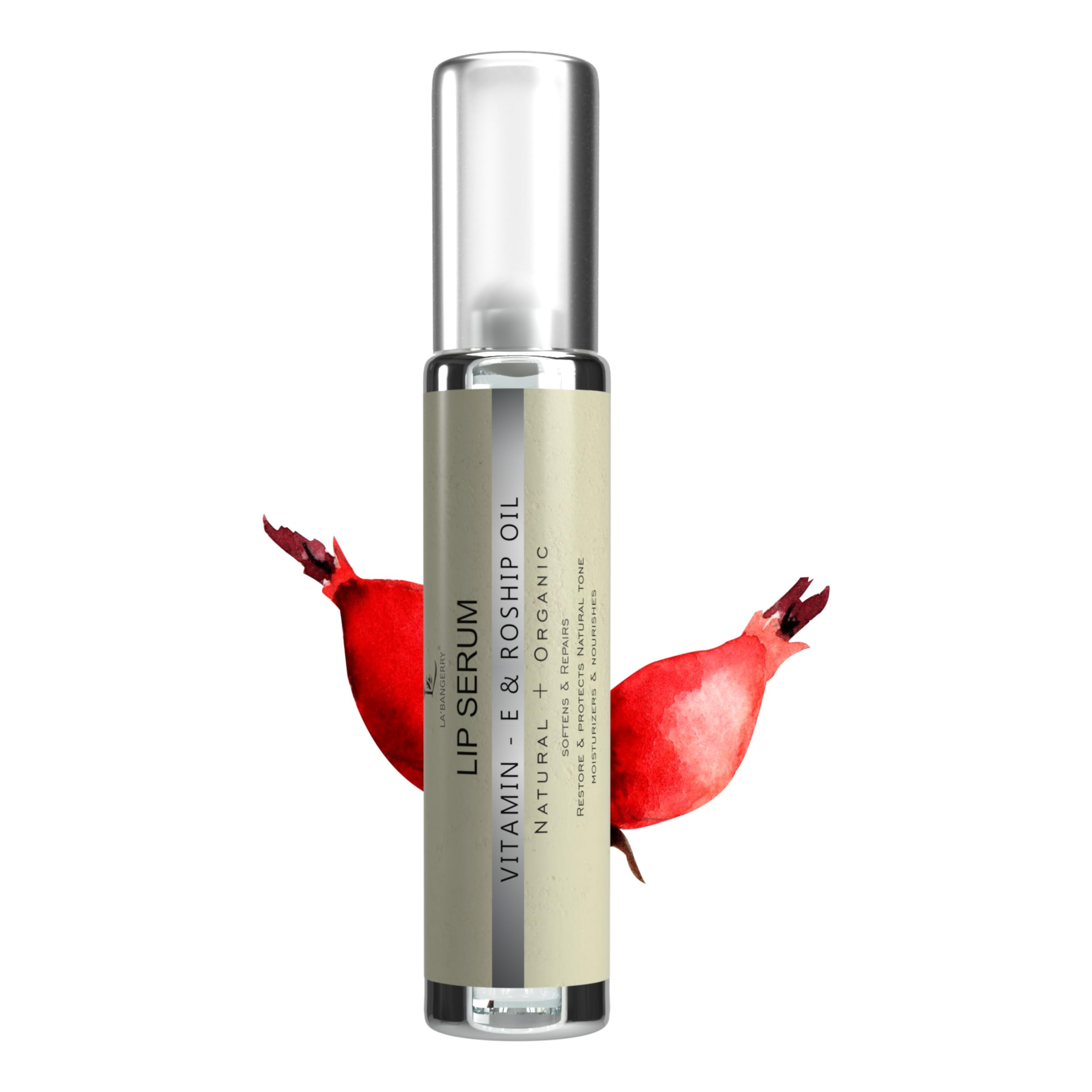 LA'BANGERRY Natural Organic Lip Serum with Vitamin E & Rosehip Oil | Roll-On Plumping Lip Treatment for Hydration & Dark Lips | 10ml Vegan Lip Care for Men & Women | Perfect for Daily Use, Night Care & Makeup Prep