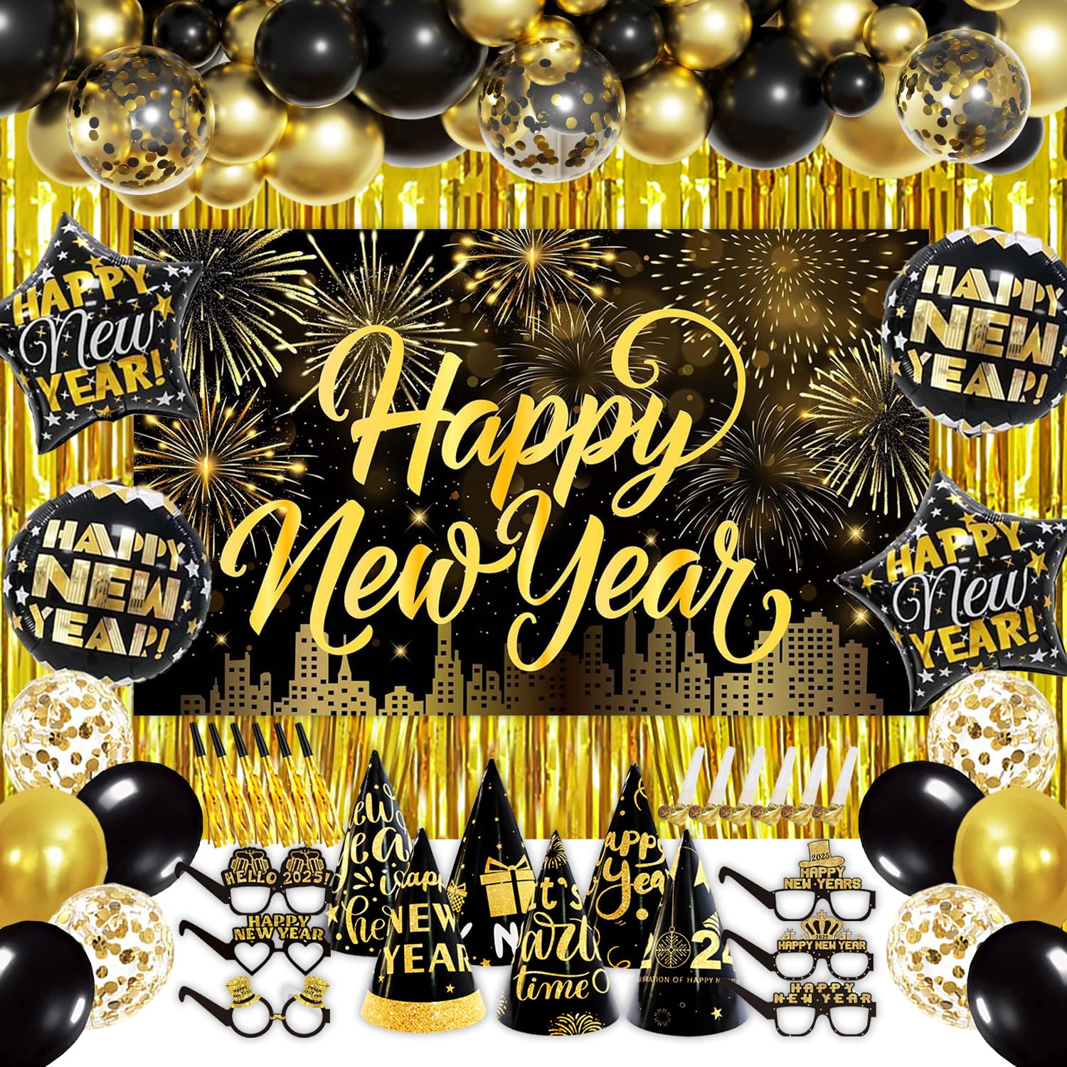 IMISHM 2025 New Year Party Decorations Set - NYE Balloons, Banner, Hats, Glasses & Foil Curtains for New Year's Eve Celebrations, Countdown Parties & Home Decor
