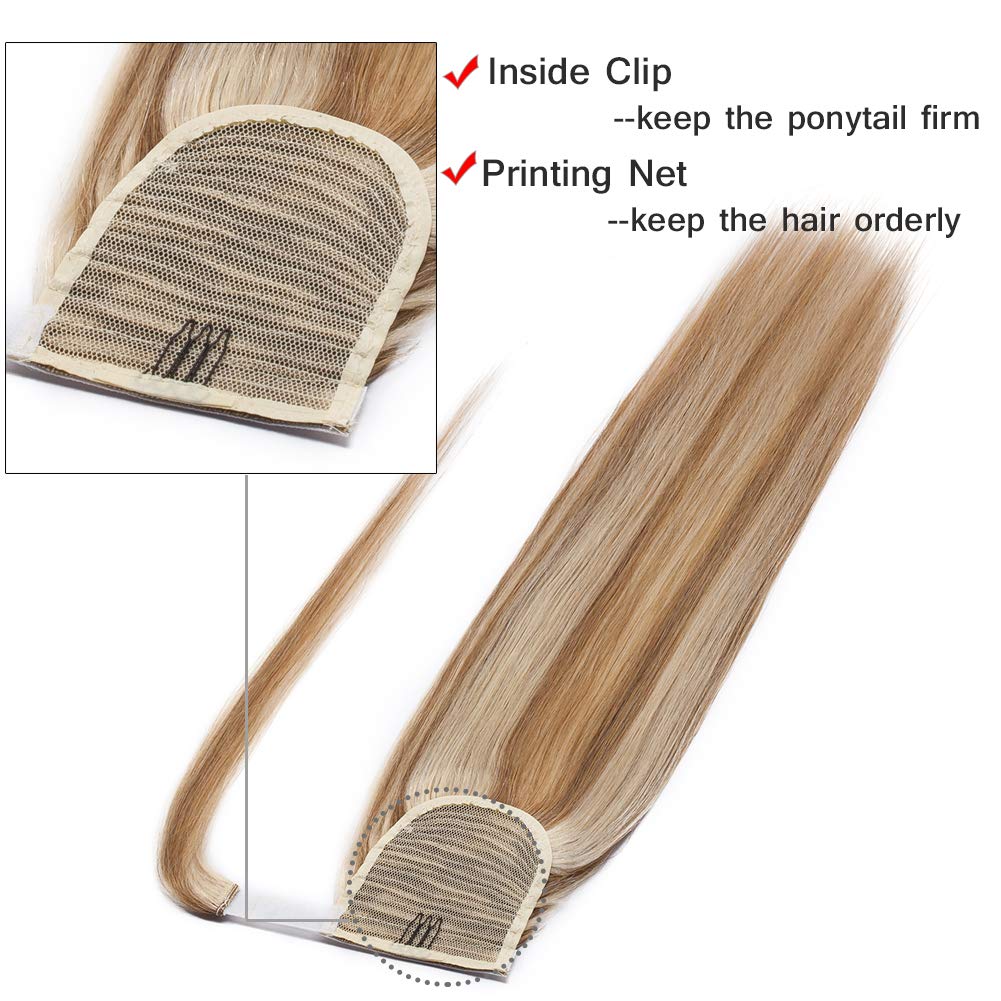 Clip-In Human Hair Ponytail Extensions - 22in Remy Hair Straight Ponytail Wrap with Magic Paste for Women & Girls | Ash Brown & Bleach Blonde (#12 & #613) | Perfect for Parties, Weddings & Everyday Styling