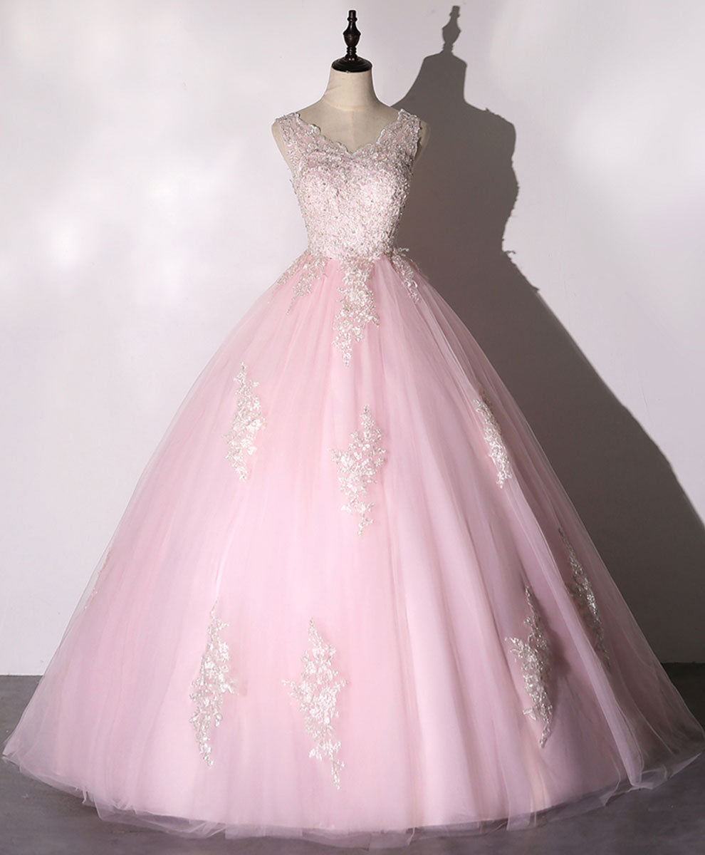 Elegant Pink V-Neck Tulle Lace Long Prom Dress for Sweet 16 | Formal Evening Gown for Homecoming, Quinceañera & Special Occasions