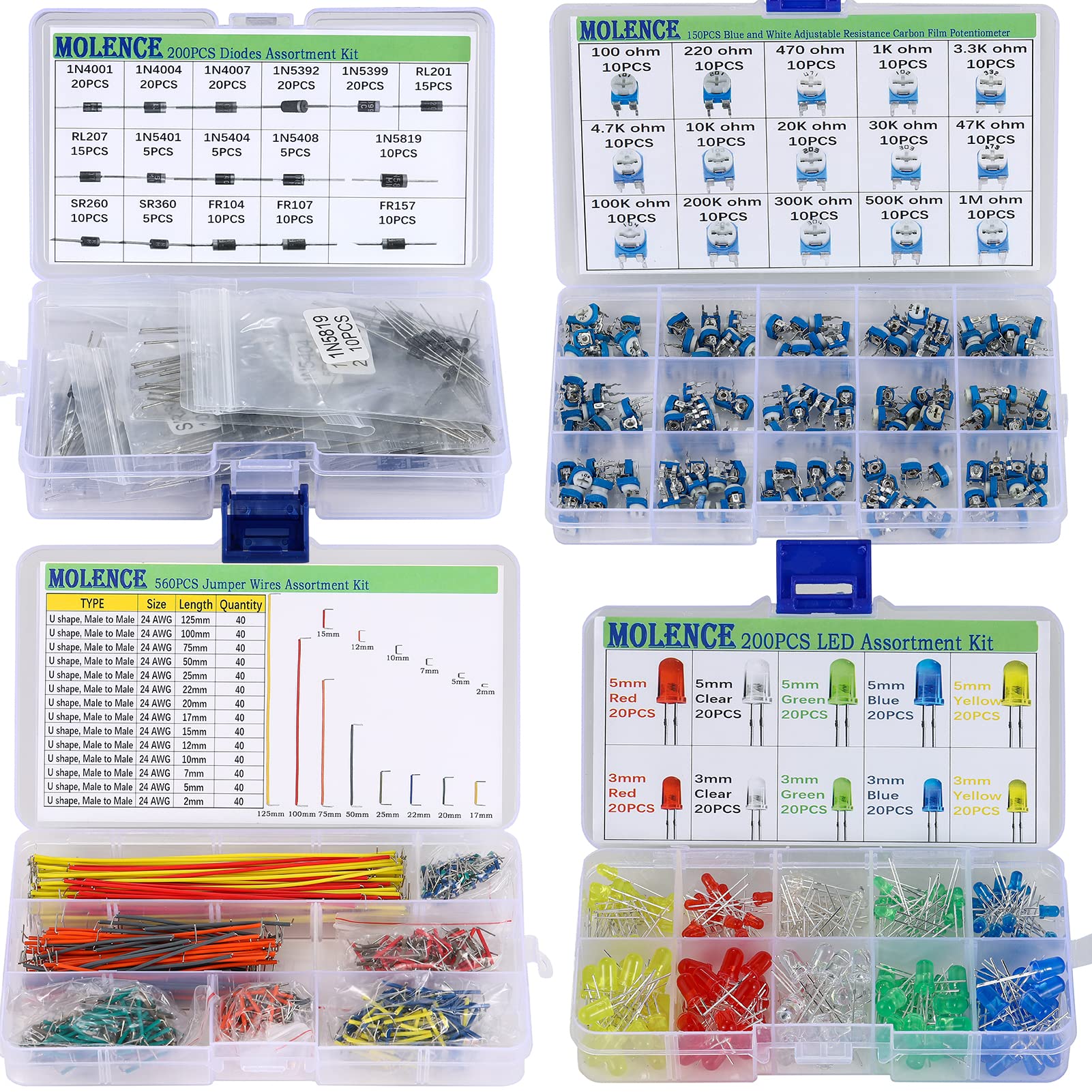 5162pcs DIY Electronics Components Kit - Resistors, Capacitors, LEDs, ICs, Diodes, PCB & More for Arduino, Raspberry Pi Projects | STEM Learning, Circuit Prototyping & Electronic Repair