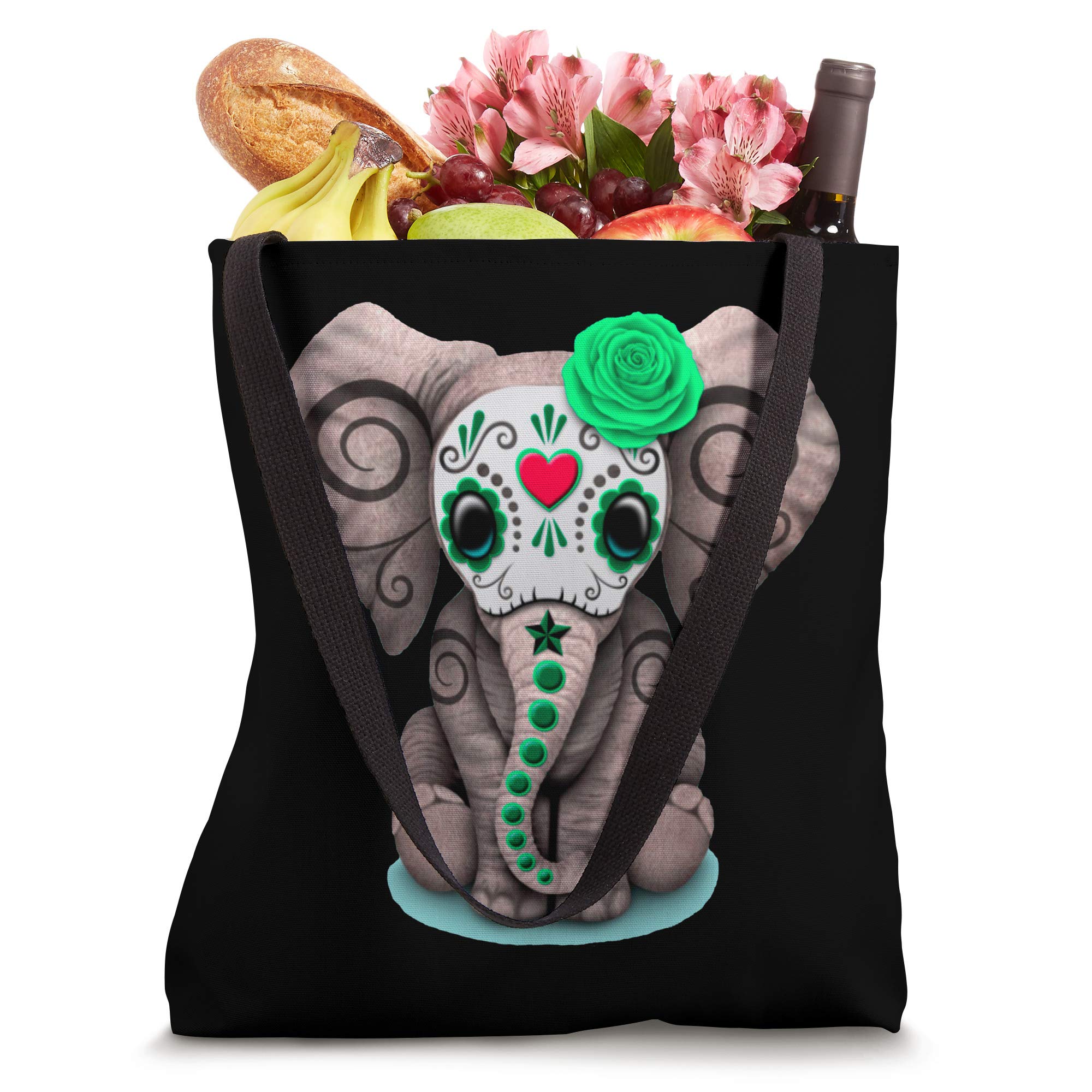 Day of the Dead Sugar Skull Green Rose Elephant Tote Bag - Perfect for Halloween Parties, Dia de los Muertos Celebrations & Everyday Use